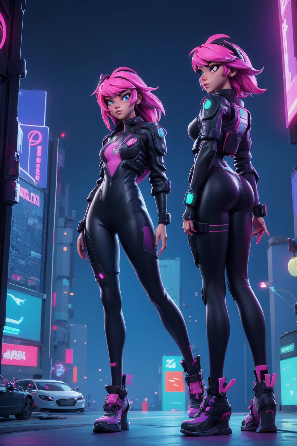 A girl in tights cyberpunk futuristic city street, Neon, Skyscraper animation style character design concept 3d