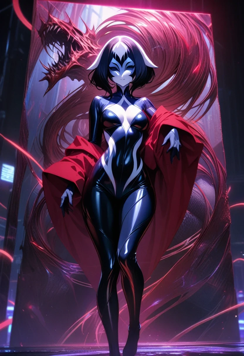 (shylily/(Twich/):1.5),(masterpiece:1.2),(best quality:1.2),, (1girl:1.3),girl， solo， Stand up， Hair accessories， horrifying， Science Fiction， Futurism， Background dark， Neon， Cyberpunk characters， Surreal， weird， Disturbing， Creepy， horrifying， Bodysuit，Venom，nigrescence，Black short gloves，Jumpsuits，Bodycon latex suit，Highlight her graceful figure,Wrap the whole body，Symbiote，best quality, high resolution, Super detailed, Vivid texture, mask, Bodycon latex suit, Bangs,wear socks，Say goodbye to the gaze, A faint smile,Surrealism, trace, Relief, Stereogram, Standing picture, Viewing angle, Atmospheric perspective, Chiaroscuro, Movie Lighting, 8k, Super Detail, precise, best quality, Ultra HD, retina, masterpiece, textured skin, Awards, A high resolution, best quality, Super Detail, Best quality， 8k， number,Red Jacket,Anime girl wearing a red cloak