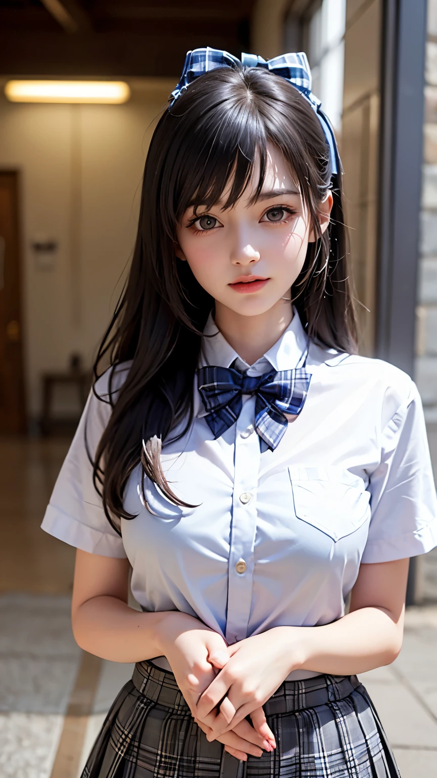 (masterpiece:1.2, highest quality), (Realistic, photoRealistic:1.4), A high school girl is standing outdoors、whole body、
View your viewers, whole body, Front view:0.6, 
1 girl, Japanese, high School girl, (Long Hair:1.5), Hair fluttering, (Half Up, Half Updo), bangs, Hair between the eyes, Big Breasts:0.8, 
Beautiful Hair, Beautiful Face, Beautiful Eyes, Beautiful clavicle, Beautiful body, Beautiful breasts, Beautiful thighs, Beautiful feet, Beautiful fingers, 
(Beautiful views), , School,
((Collared short-sleeved shirt, White shirt, , Grey plaid pleated skirt, Blue checked bow tie)), White panties, 
(Are standing, , Please lift your skirt, Grab the hem of your skirt, Place your hand on your chest, Place your hands between your legs), 
blush, 