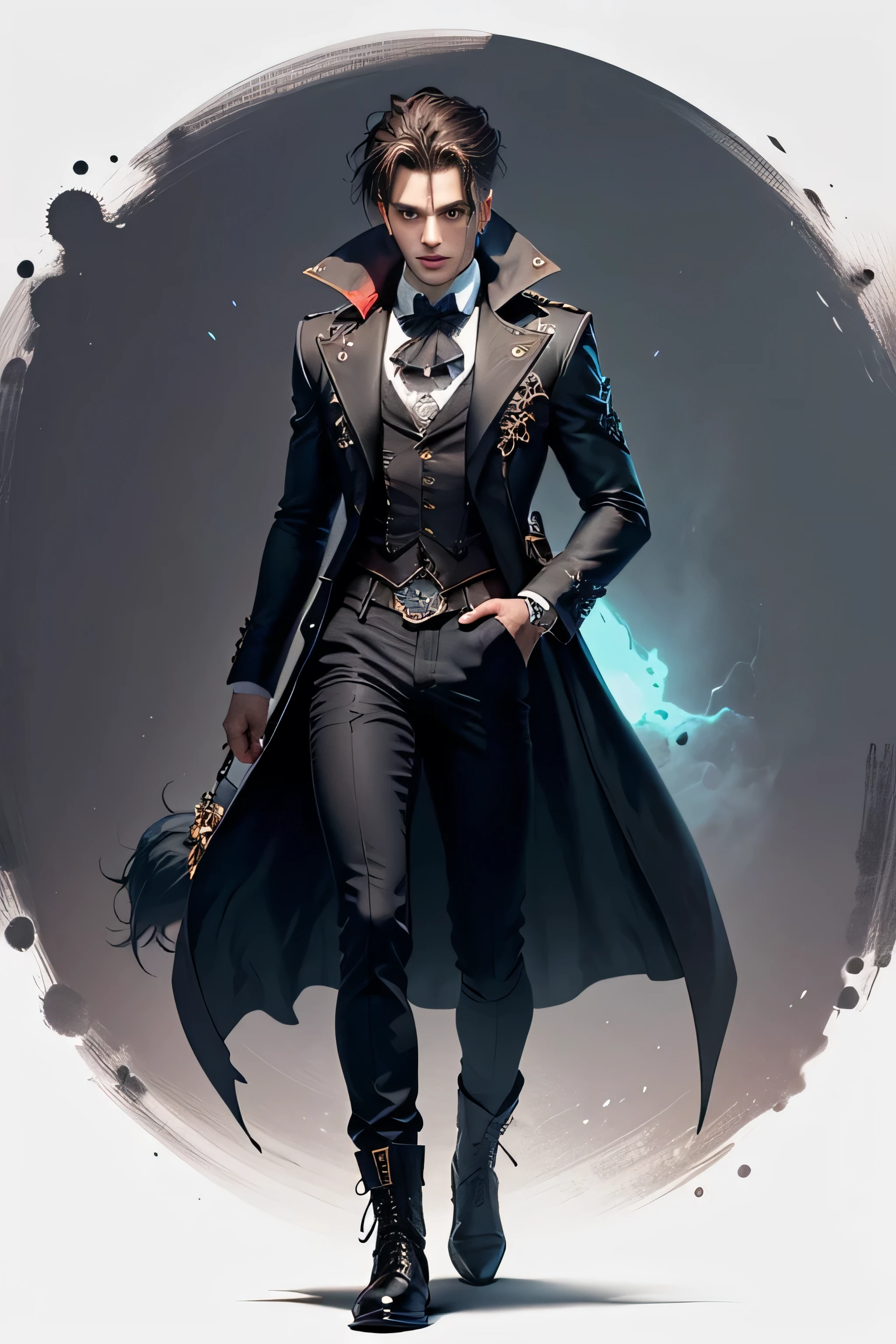 Create an extravagant full-body portrayal of a guy in Gothic style, emphasizing the "guy" theme. The design should feature Gothic elements such as lace, ribbons, and Victorian details, showcasing an elegant and intricate style. Utilize a color palette of black, white, and pastel tones to capture the unique Gothic aesthetic. The design must be eye-catching, with the guy centered in the image against a white background. She should fit well within the space, ensuring she does not touch the edges of the canvas. No text should be included in the image.