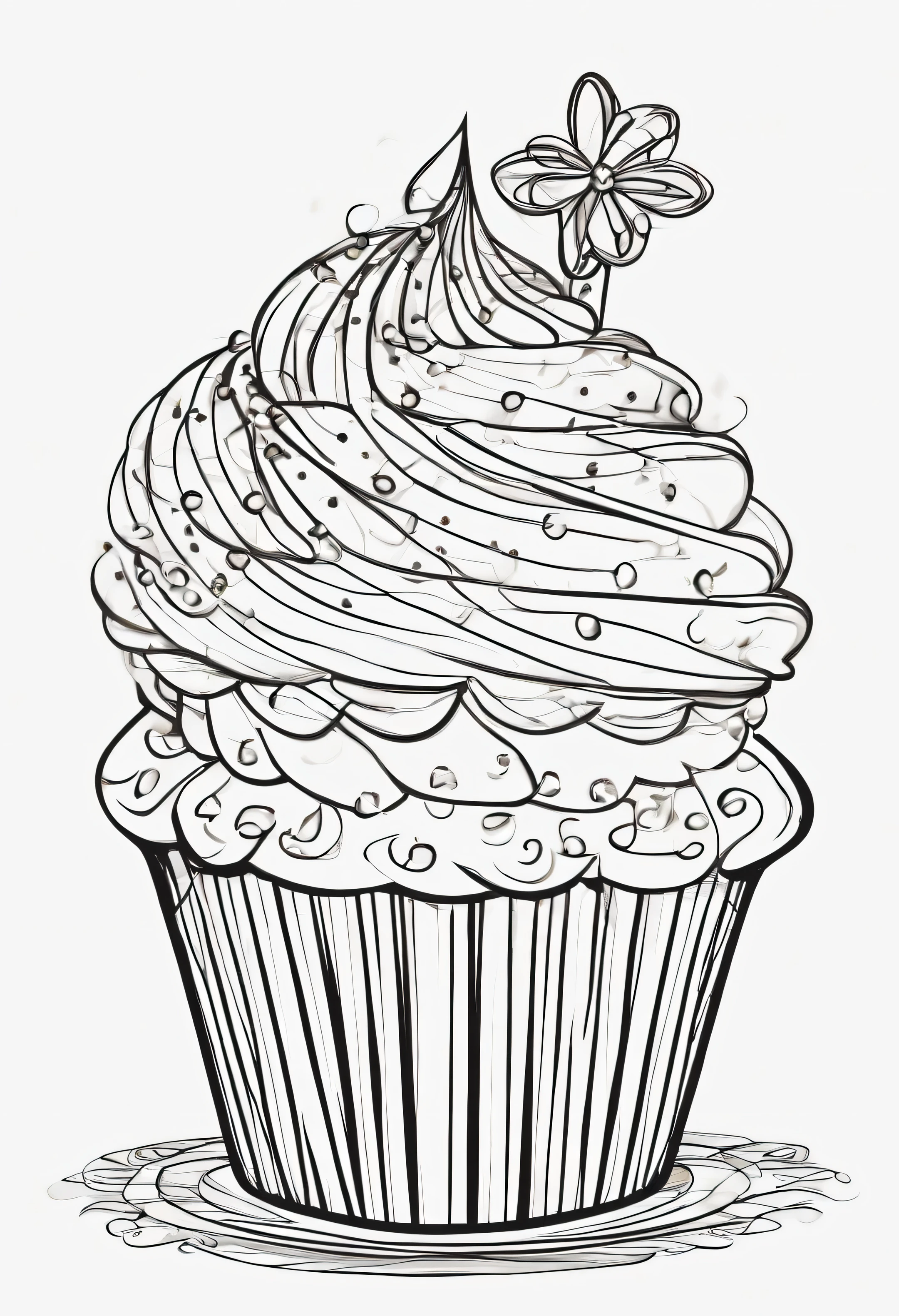 A whimsical cupcake adorned with colorful frosting and sprinkles, line art, coloring pages, hand-drawn, gigh quality