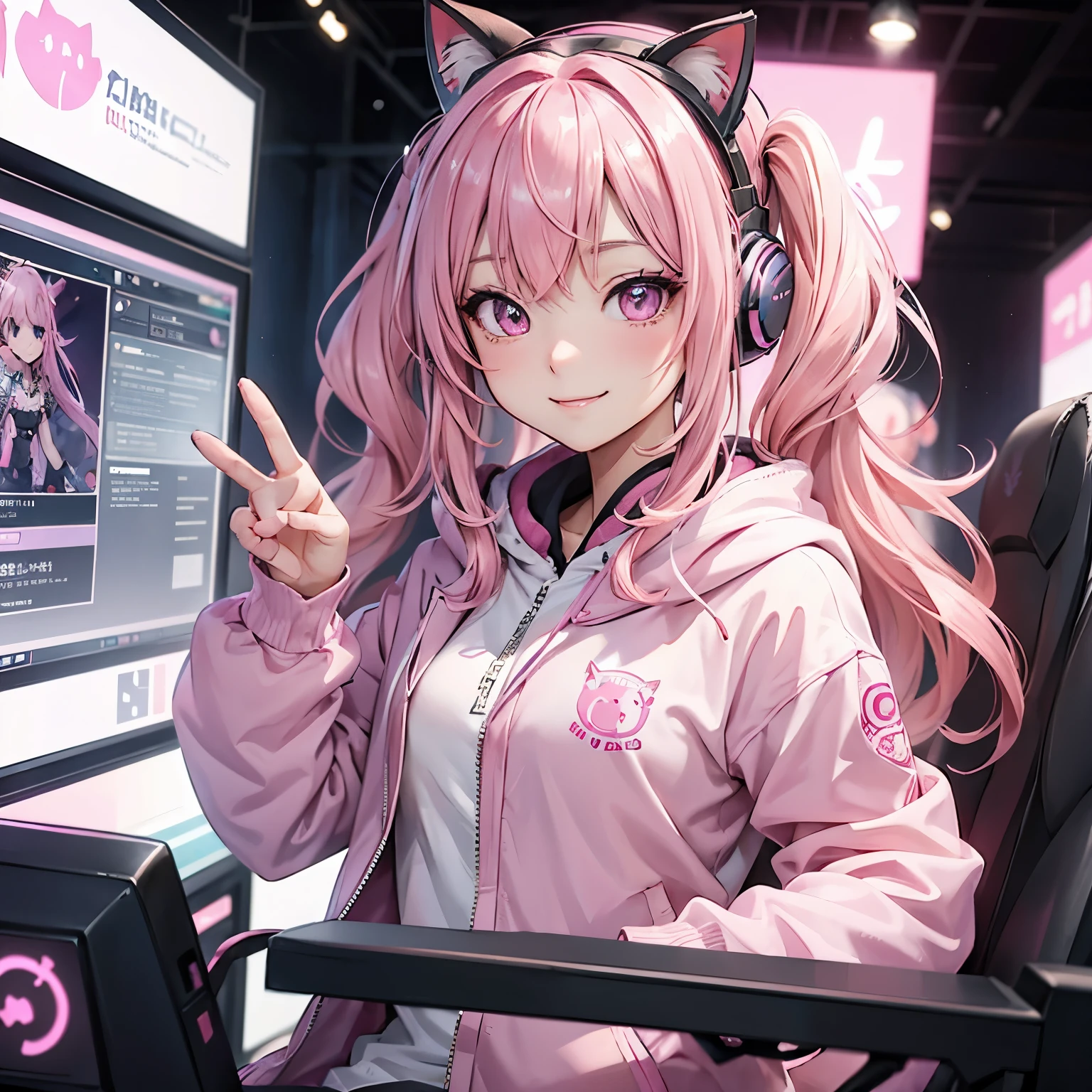 greeting、Cat with pink ribbon、Pink Hair、Pink eyes、Gamerのピンク色の服、Jacket、Shoulder、Gamer、headphone、smile、fun、背景女の子のGamerの白とピンクの部屋