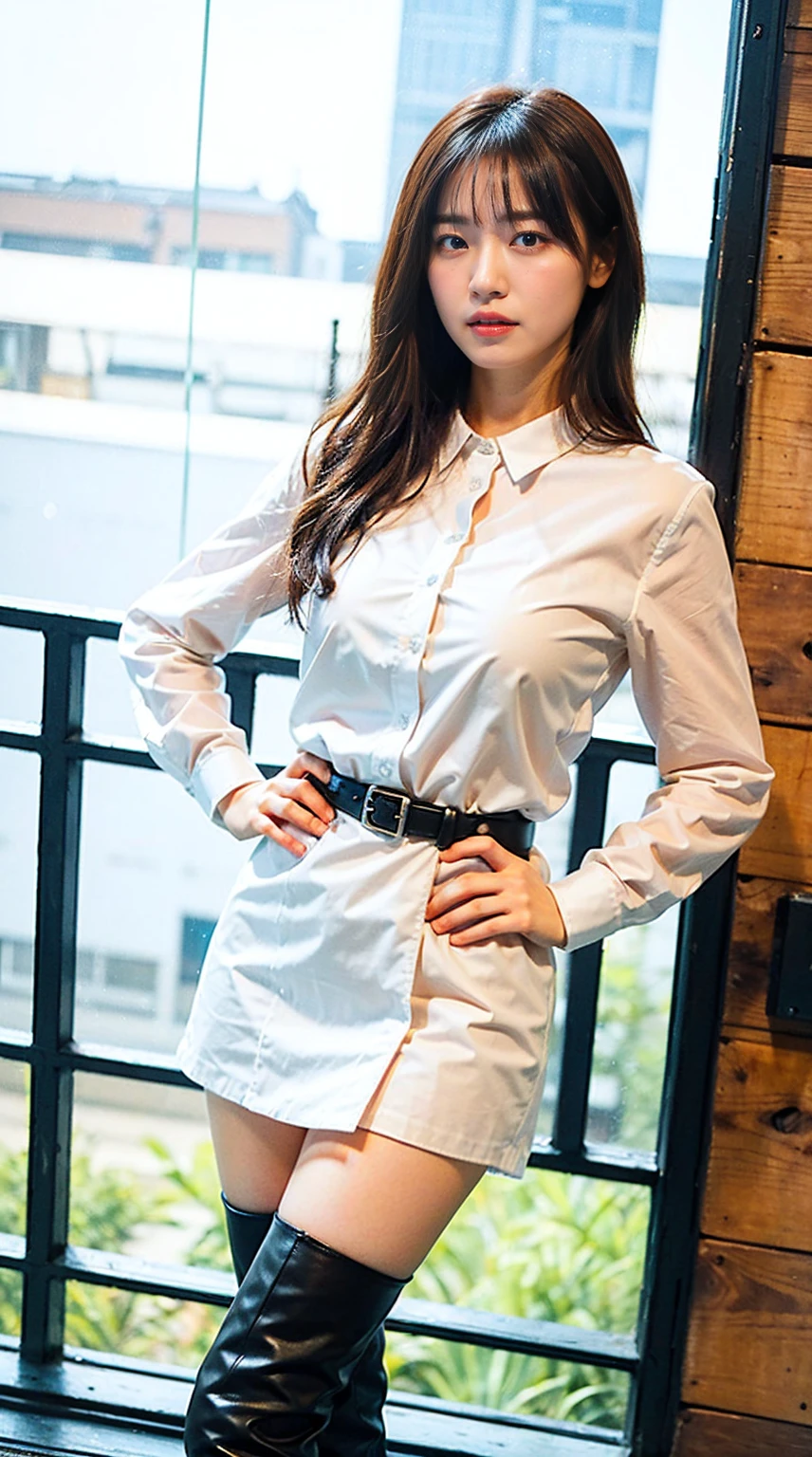 Woman in white shirt standing in front of window、She's wet in the rain and the flashy underwear she's wearing under her white shirt is clearly showing through、Clearly visible fancy underwear