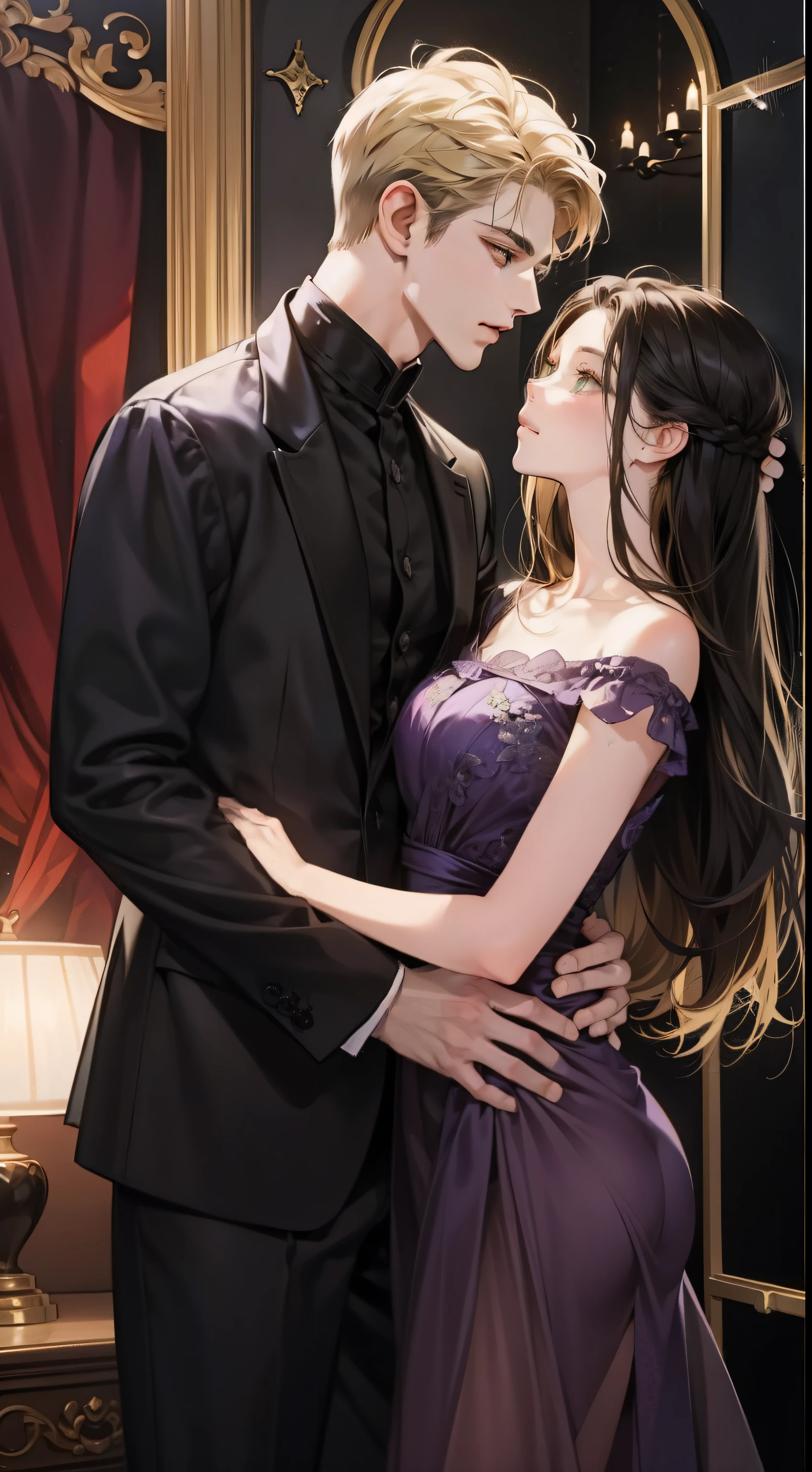 pair, 1 girl 1 boy, Different hair colors, Long black hair and green eyes, Short blonde hair and brown eyes, romantic, black dress, purple dress, United Kingdom, Luxurious room background, Face to face, romantic