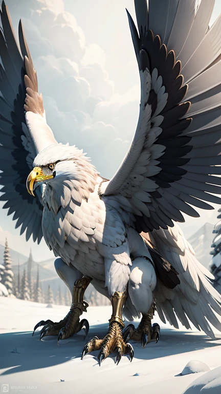 Eagle Man, a majestic figure clad in feathered armor, stands triumphantly with outstretched wings. His piercing golden eyes reflect the intensity of his determination. In one hand, he clutches a gleaming metallic spear with an eagle's head as its tip. His wings provide a stark contrast to the snowy landscape, as he faces off against a cunning White Wolf.
White Wolf, a symbol of stealth and guile, crouches low to the ground. His fur is pristine and snow-white, almost blending in with the surroundings. A pair of piercing icy blue eyes survey Eagle Man with a curious intensity. The wolf bares his