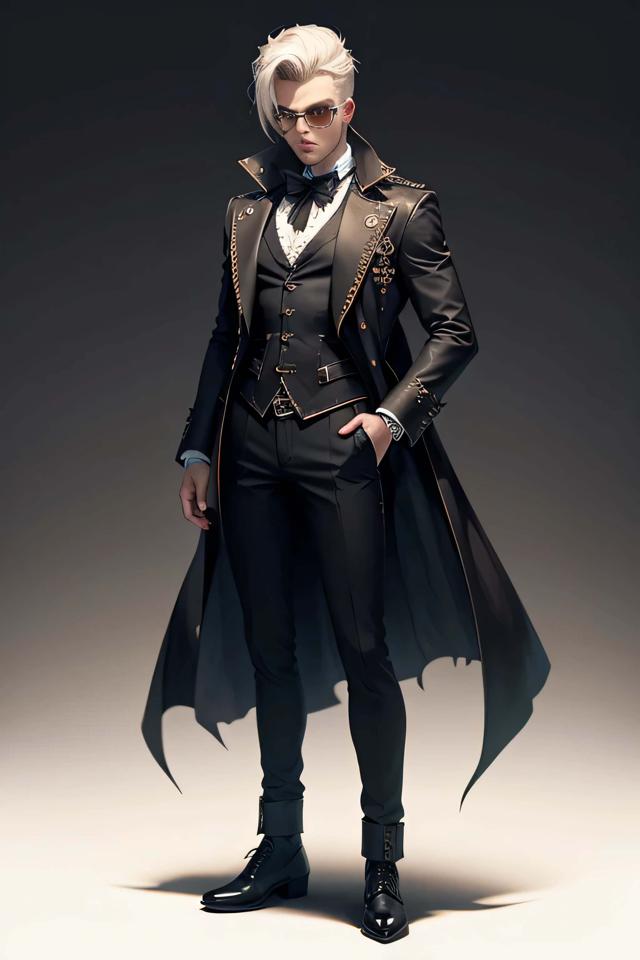 Create an extravagant full-body portrayal of a guy in Gothic style, emphasizing the "guy" theme. The design should feature Gothic elements such as lace, ribbons, and Victorian details, showcasing an elegant and intricate style. Utilize a color palette of black, white, and pastel tones to capture the unique Gothic aesthetic. The design must be eye-catching, with the guy centered in the image against a white background. She should fit well within the space, ensuring she does not touch the edges of the canvas. No text should be included in the image.