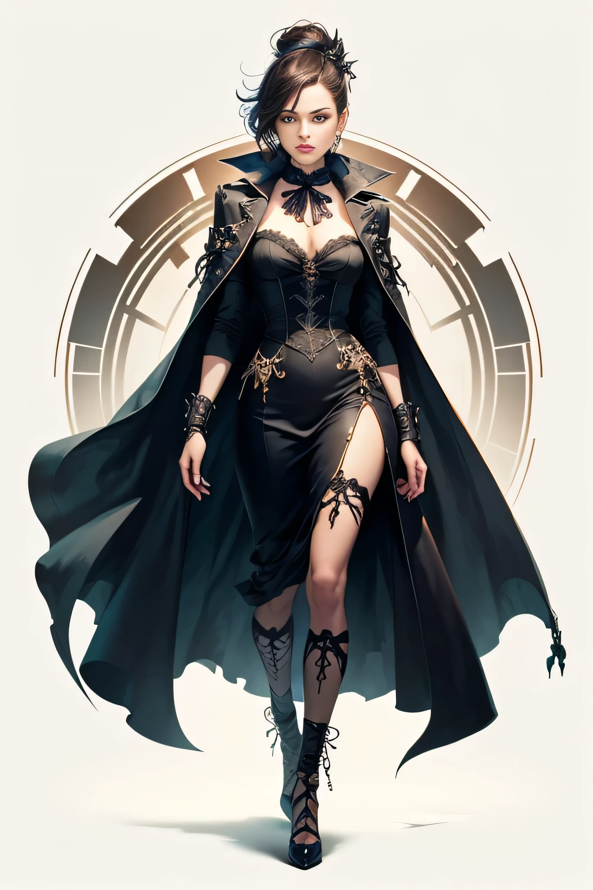 Create an extravagant full-body portrayal of a guy in Gothic style, emphasizing the "guy" theme. The design should feature Gothic elements such as lace, ribbons, and Victorian details, showcasing an elegant and intricate style. Utilize a color palette of black, white, and pastel tones to capture the unique Gothic aesthetic. The design must be eye-catching, with the guy centered in the image against a white background. She should fit well within the space, ensuring she does not touch the edges of the canvas. No text should be included in the image.