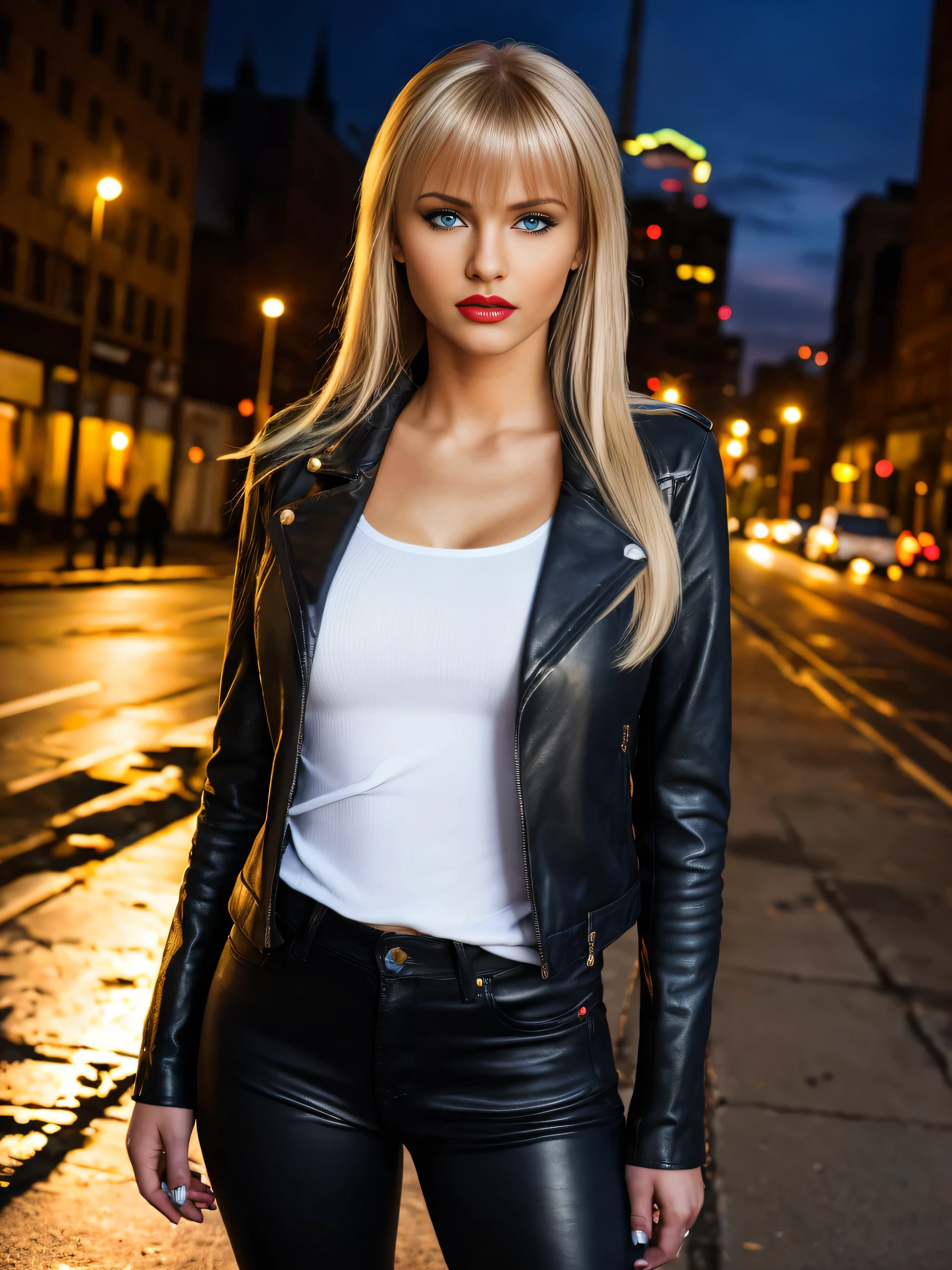 full body Realism, -yeld gi long blond hair, bangs falling on her face, blue eyes, slightly open mouth, red lips, beautiful hairstyle, light makeup, round breasts, in a leather jacket, tight leather pants, beautiful shoes on her feet, walking city street in the background , detailed appearance, detailed hairstyle, detailed environment, detailed background, dark futuristic dead city in the background, the photo was taken with a photorealistic SLR camera, resolution full hd, 8K