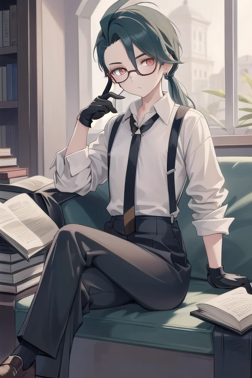 masterpiece,highest quality,One girl,like,White Eyes,jewelry,Earrings,eyelash,Flat Chest,tie,black tie,shirt,collared shirt,grey shirt,suspenders,Black gloves,Black trousers,shoes,Tomboy,good looking,Glasses,Expressionless,Sitting,(read,Book),Crossing your legs,indoor,