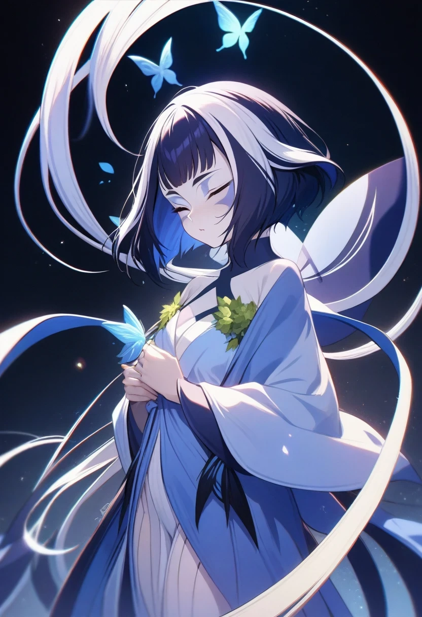 (shylily/(Twich/):1.5),(masterpiece:1.2),(best quality:1.2),, (1girl:1.3),Prospect is a dreamer, Highlight the lines and simple style in the state of white transparent gauze; Background with flowing garlands, Butterfly, and small bodies, Meranti color scheme with abstract sci-fi style