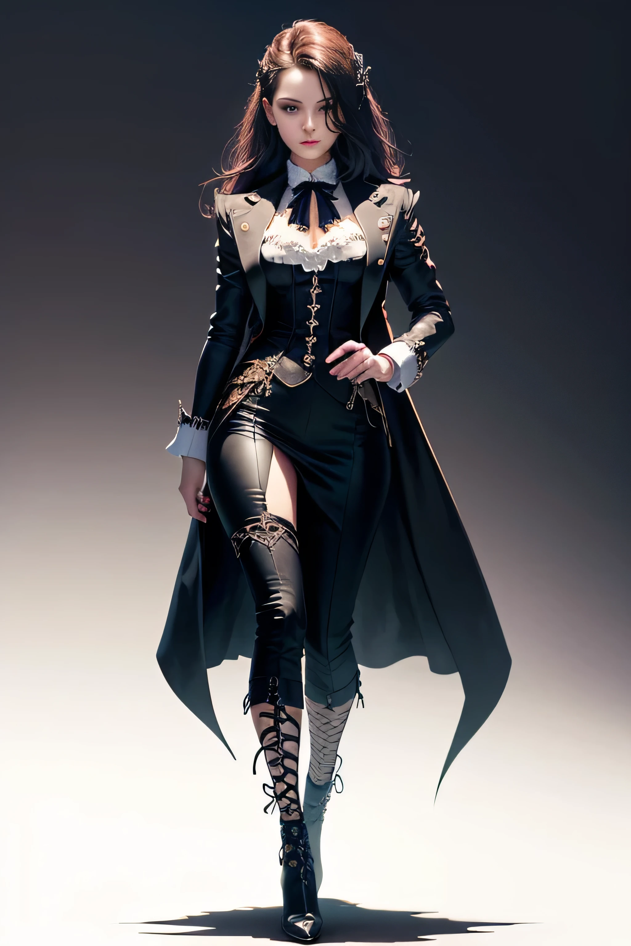 Create an extravagant full-body portrayal of a guy in Gothic style, emphasizing the "guy" theme. The design should feature Gothic elements such as lace, ribbons, and Victorian details, showcasing an elegant and intricate style. Utilize a color palette of black, white, and pastel tones to capture the unique Gothic aesthetic. The design must be eye-catching, with the guy centered in the image against a white background. She should fit well within the space, ensuring she does not touch the edges of the canvas. No text should be included in the image.