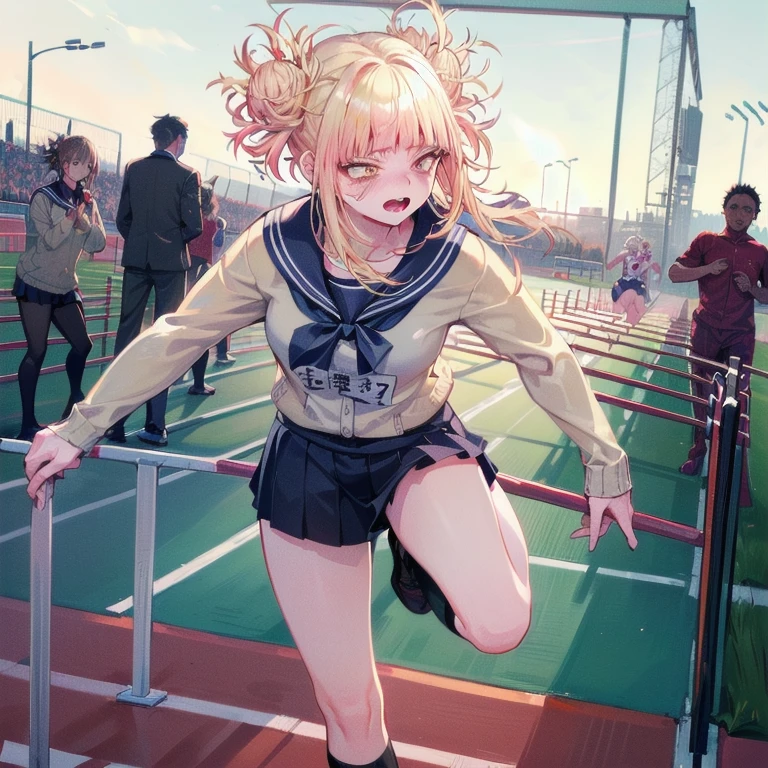 (Create a photo-realistic masterpiece with 16k resolution, HDR level set at 1.3, and absolute clarity at resolution:1. Achieve ultra-detailed perfection with a fine detail setting of 1.1. Professionally color grade the image for a cinematic and visually stunning result.),
BREAK
(A Japanese high school girl in the track team is jumping over hurdles with a very hard working expression on her face. Dynamic and dynamic scenes. High quality Japanese sports manga.:1.6), 
perfect anatomy, (perfect fingers, perfect hands:0.6), 
BREAK
(Background is a track and field, depth of field:1.3),