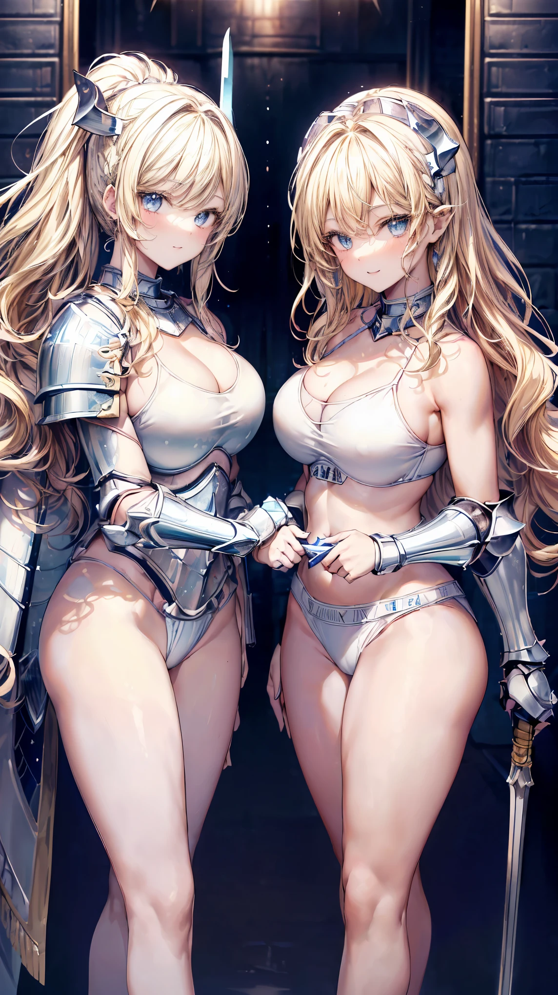 Very detailed、highest quality、Best image quality、masterpiece、8k、(Two women standing side by side:1.5)Anime Face、A kind smile、Open Mouth、Sparkling blue eyes、(Blonde wavy hair:1.5)、Muscles of the whole body、camisole、Thigh belt、(Wearing white bikini armor:1.5)、(Cowboy Shot:1.5)、(Leg armor:1.5)、Wearing a helmet、(Holding a spear:1.5)