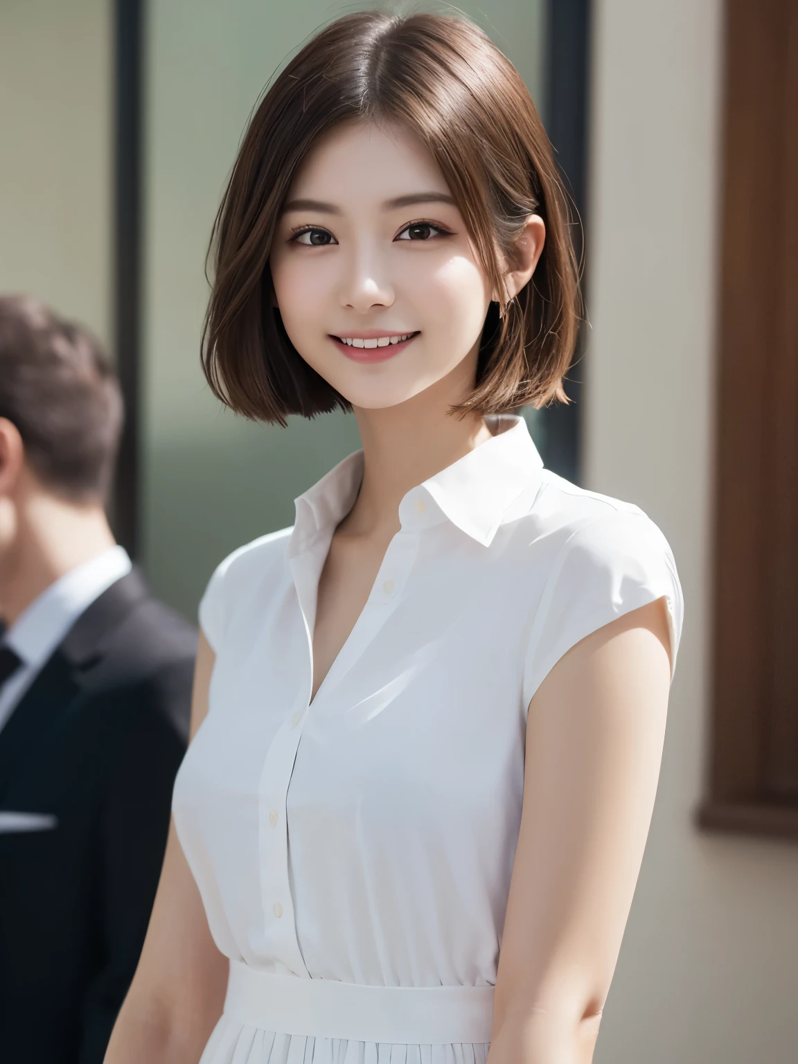 One Girl, (Dress in trendy fashion:1.2), (RAW Photos, highest quality), (Realistic, Photorealistic:1.4), Tabletop, Very delicate and beautiful, Very detailed, 2k wallpaper, wonderful, In detail, Very detailedな CG Unity 8K 壁紙, Very detailedな, High resolution, Soft Light, Beautiful detailed girl, looking at the camera、Very detailedな目と顔, Beautifully detailed nose, Beautiful fine details, short hair, small, Black suit and white shirt、White background、Background is white、Cinema Lighting, Perfect Anatomy, Slender body, smile,
