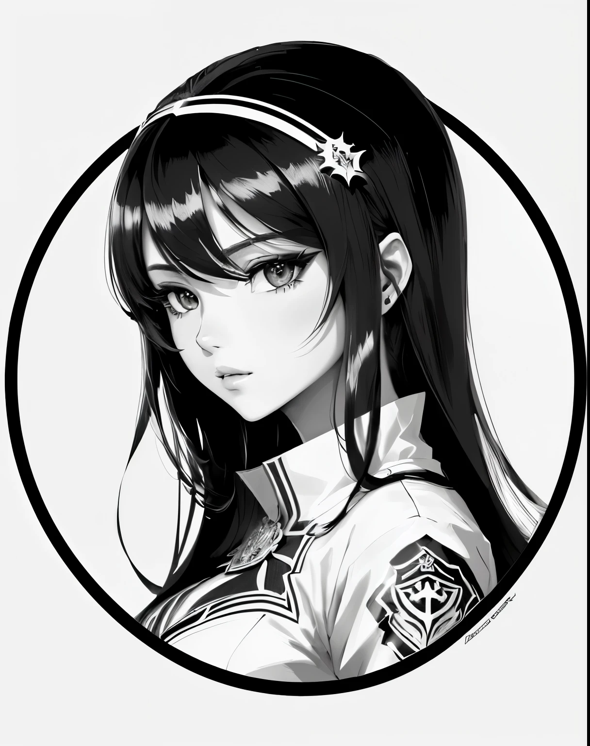 a black and white drawing of a woman with long hair, black and white vector art, vector shaded anime, clean line art, portrait knights of zodiac girl, intense line art, anime girl portrait profile, extremely fine ink lineart, black and white line art, black on white line art, black and white manga style, anime woman headshot profile