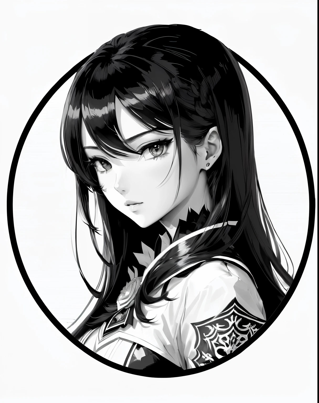 a black and white drawing of a woman with long hair, black and white vector art, vector shaded anime, clean line art, portrait knights of zodiac girl, intense line art, anime girl portrait profile, extremely fine ink lineart, black and white line art, black on white line art, black and white manga style, anime woman headshot profile