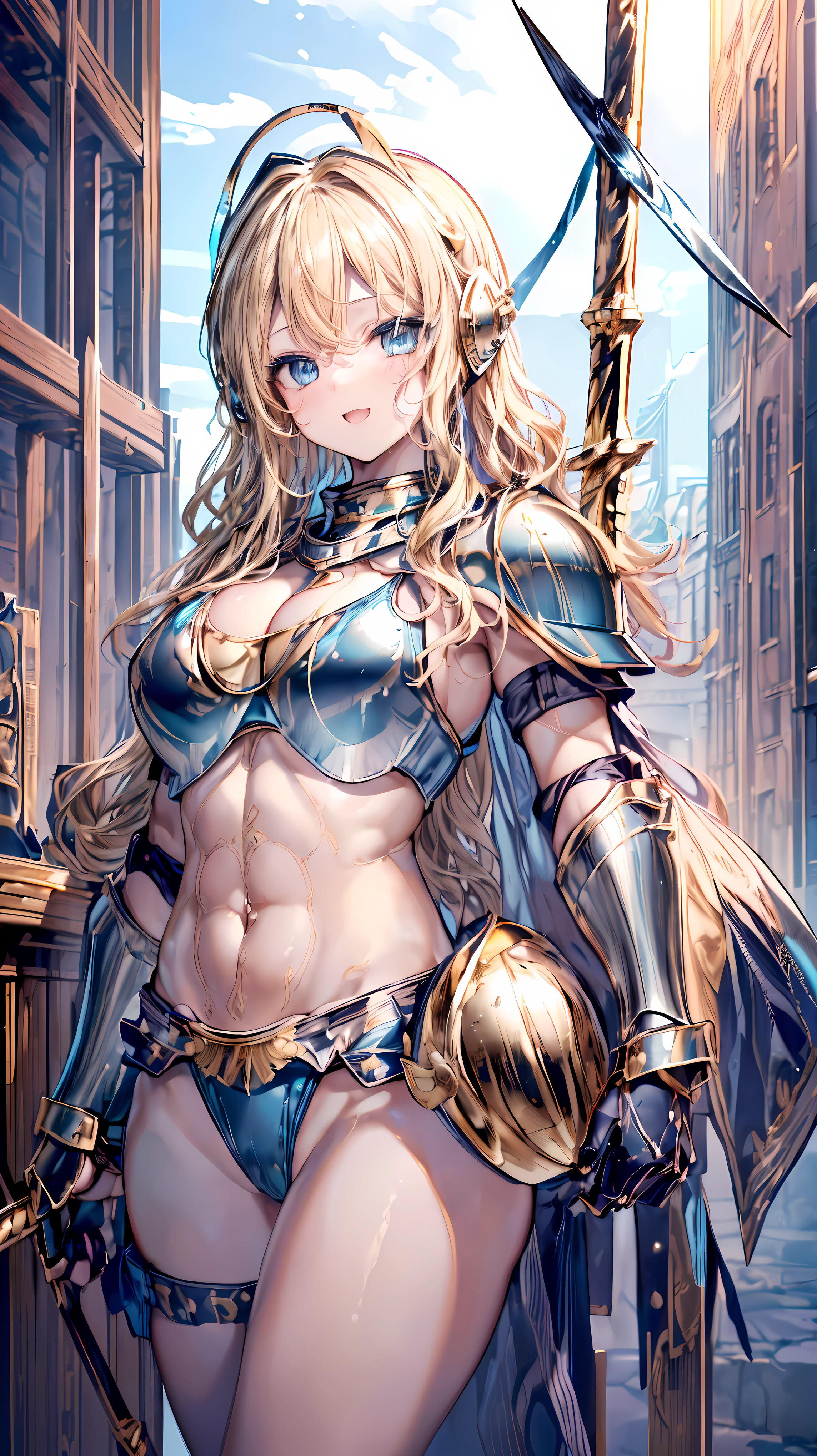 Very detailed、highest quality、(Best image quality:1.5)、(masterpiece:1.5)、8k、Anime Face、A kind smile、Open Mouth、(Beautiful bright blue eyes:1.5)、(Blonde wavy hair:1.5)、Muscles of the whole body、Thigh belt、(Wearing gold bikini armor:1.5)、(Cowboy Shot:1.6)、(Wearing a helmet:1.5)、(Holding a spear:1.5)、Warm lighting