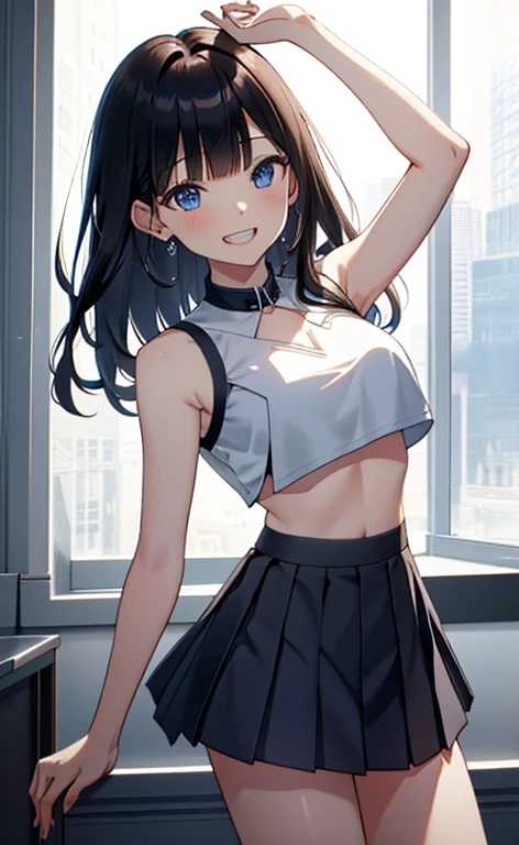 (masterpiece:1.4、top-quality、illustration:1.4,realistic、)、(character focus、breast focus,upper body:1.3)、(1girl),(Open mouth grin:1.3),(half closed eyes),cute face,blue eyes、()、
,(stand:1.4),(Shining smile),
,(slender),(sleeveless white crop top,very short pleated miniskirt:1.3),
(black middle hair:1.6,blunt bangs,),(), (medium breasts:1.3)、
、slender、