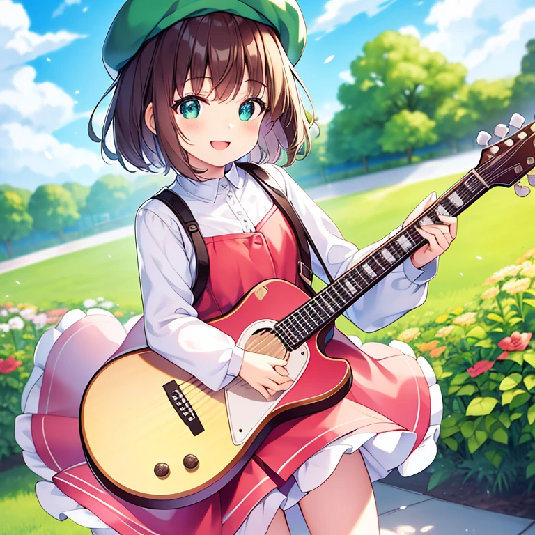 Sweet and cute chubby ,alone,,Chibi,Adorable,smile,Open your mouth,Floral,Exterior,Beautiful garden,The sun shines,Blue sky and white clouds,A flock of geese flying in the sky,play the guitar,music,beret,With a guitar,coat,Blush Lash,wood,Green Shirt,Long Red Dress,Black boots,Light brown hair,Smile,Short fine hair,Sakura NS,Green hat,Blurred,Brown haired,Brush Sticker,long sleeves,With bangs,earphone,Pink Flower,Reality Technology for Outdoor Carnival Events,Stage performance using reality technology(Beautifully detailed face),(Beautiful and delicate eyes),