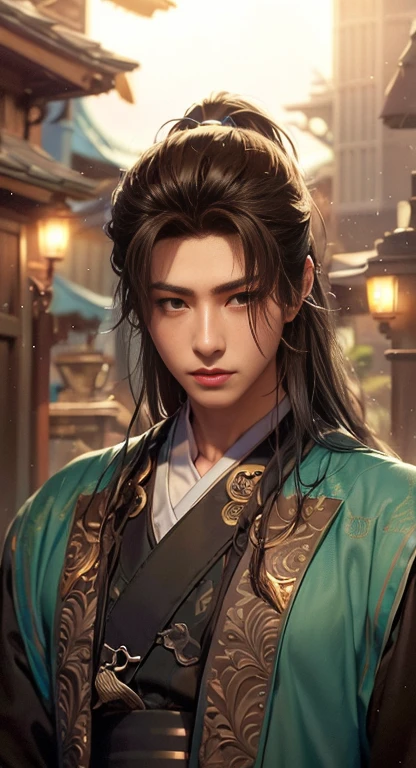 A fighter,Black long hair,Hanfu,robe,Handsome face shape,Extremely realistic:1.2