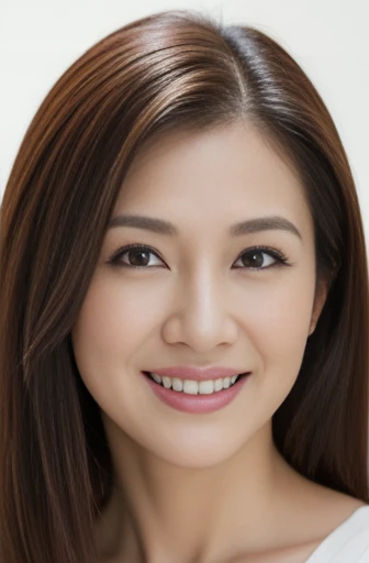 Masseter Film, highest quality, masterpiece, High resolution, realism, Original photo, 8k wallpaper, perfection, Professional Lighting, Very detailed, Written boundary depth, ((Beautiful woman)), ((Sexy 43 year old woman)),, ((smile)), Detailed face, Beautiful Eyes, (sexy look), Brown voluminous straight hair, (Thick lips), Photo of your face