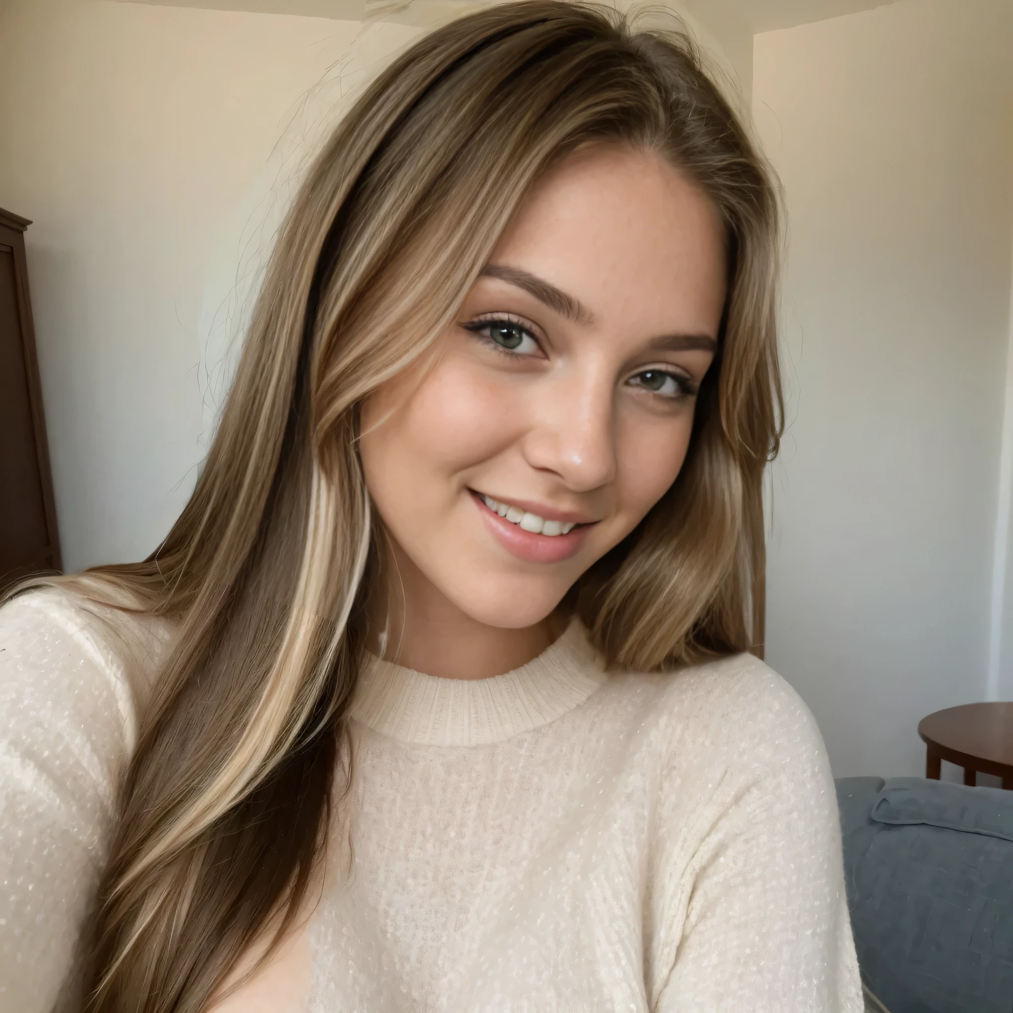((NSFW)), A 23-year-old blonde woman, ((big breasts)), ((hyperrealism)),. brunette hair with light brown roots. brunette hair, Hair with brown roots, extra long hair, very long hair, really long hair, Beautiful, Front view, Wide angle, photo taken with camera, photo, high quality, HD, huge breasts, shy smile , ((ultraHD)), 4K quality, ((naked, girl on girl, sex with another girl,)) green eyes, brunette hair