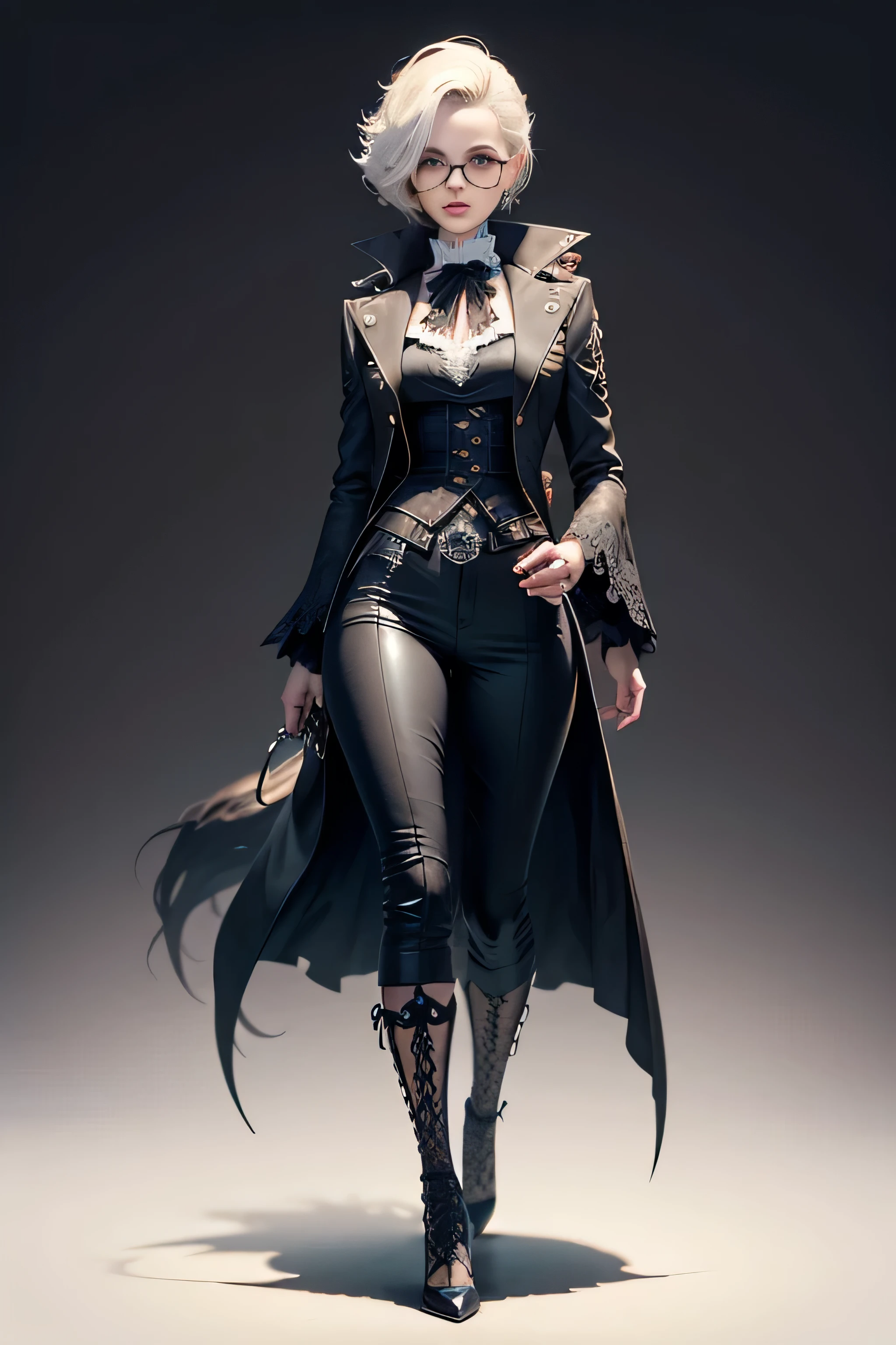 Create an extravagant full-body portrayal of a guy in Gothic style, emphasizing the "guy" theme. The design should feature Gothic elements such as lace, ribbons, and Victorian details, showcasing an elegant and intricate style. Utilize a color palette of black, white, and pastel tones to capture the unique Gothic aesthetic. The design must be eye-catching, with the guy centered in the image against a white background. She should fit well within the space, ensuring she does not touch the edges of the canvas. No text should be included in the image.