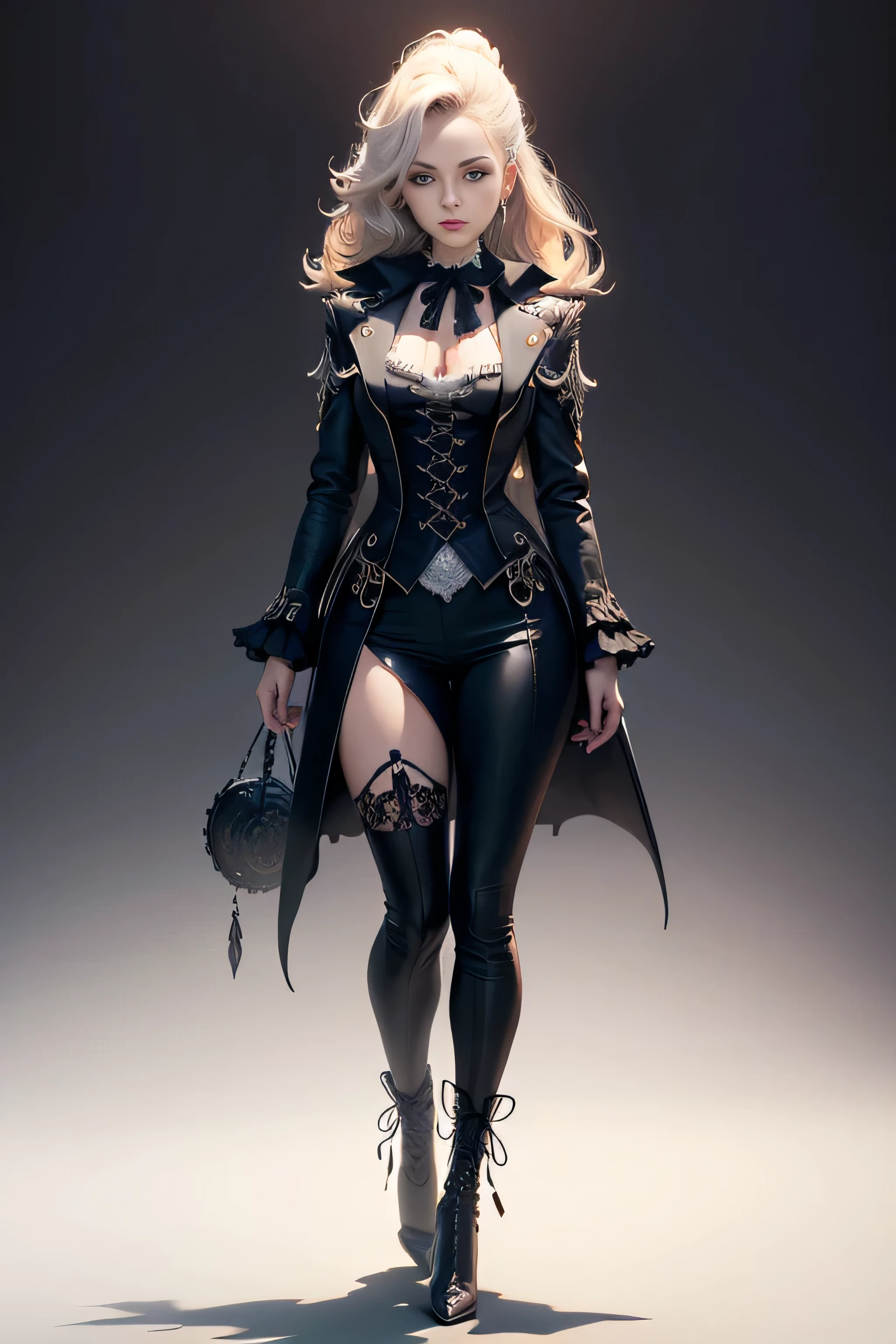 Create an extravagant full-body portrayal of a guy in Gothic style, emphasizing the "guy" theme. The design should feature Gothic elements such as lace, ribbons, and Victorian details, showcasing an elegant and intricate style. Utilize a color palette of black, white, and pastel tones to capture the unique Gothic aesthetic. The design must be eye-catching, with the guy centered in the image against a white background. She should fit well within the space, ensuring she does not touch the edges of the canvas. No text should be included in the image.