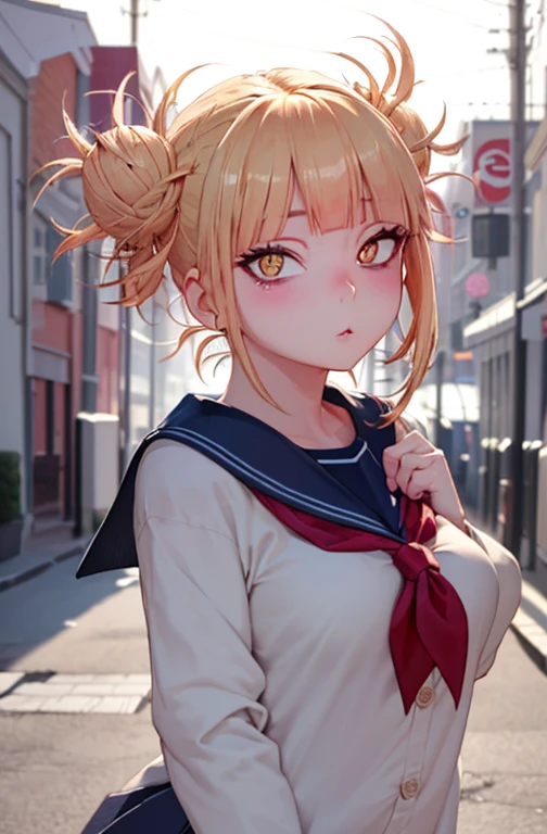 (masterpiece:1.2, top-quality), (realistic, photorealistic:1.4), beautiful illustration, (natural side lighting, movie lighting), nsfw, 
looking at viewer, face focus, upper body, 1 girl, japanese, high school girl, perfect face, cute and symmetrical face, shiny skin, 
(middle hair:1.5, (two side up:1.2), brown hair), hair between eyes, purple eyes, drooping eyes, long eye lasher, (medium breasts), slender, 
beautiful hair, beautiful face, beautiful detailed eyes, beautiful clavicle, beautiful body, beautiful chest, beautiful thigh, beautiful legs, beautiful fingers, 
((detailed cloth texture, long sleeves cute sailor suit, navy blue pleated skirt, navy blue sailor collar, red sailor scarf)), 
(beautiful scenery), winter, evening, (outdoors), , (heart shaped pupils, in heat, aroused), 