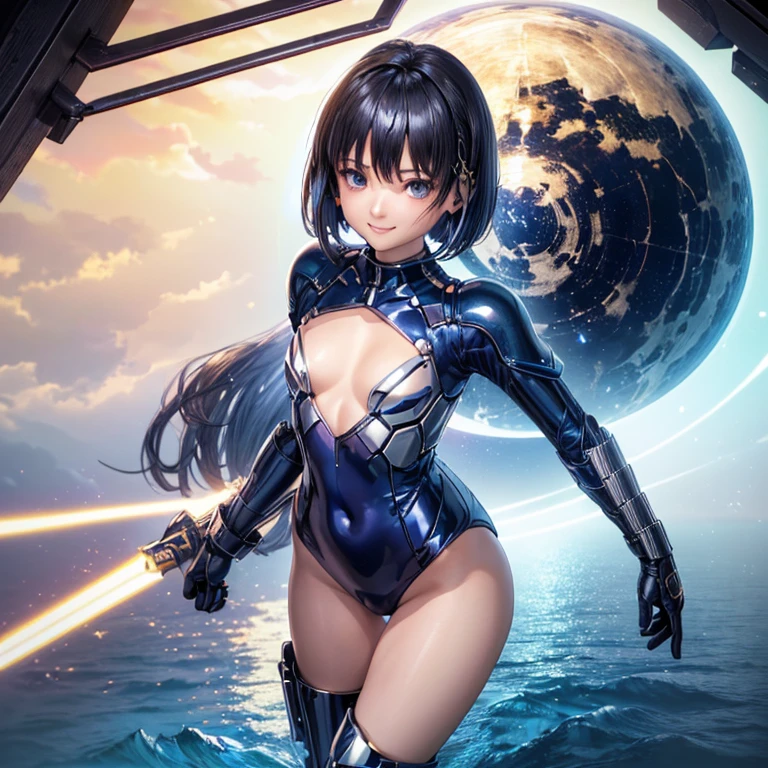 (masterpiece、highest quality、Highest Resolution、clear_image、Detailed explanation、Angle from above): (whole body、One 20 year old girl、The Face of Japan、Small face、thin、navy blue super short bob cut hair、(Hidden Small:1.3)、Sparkling blue eyes、Shiny black and white pilot suit、Chest protection armor、Tight fitting clothes、whole bodyを覆う衣服、Glamorous clothes、Tight Fit Pants、Hide your skin、Very delicate and beautiful、Detailed skin、hide thighs、Hide your ass、cute、A kind smile、Soft look、heroine、headset、Knee-high boots、Elbow-length gloves、Eye-level shot、face directly、Woman on a spaceship)