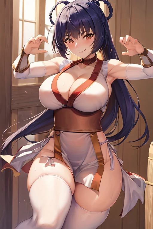 masterpiece, best quality, beautiful art, high resolution, well formed hands, body and fingers, 1 woman, solo, Xiangling , adult, big breasted, cleavage, full body, long hair, hair ornament, gorgeous legs and thighs, white_kunoichi_dress, white stockings, sleeveless, she is fighting in a combat match at a martial arts tournament, she is getting ready to fight, making her guard pose, action and fighting scene, about to hit the viewer, looking at the viewer, sweating , feeling confident and proud, smiling joyfully and happily,  charming her opponent with her beauty, fighting scene, martial arts tournament on the beach 