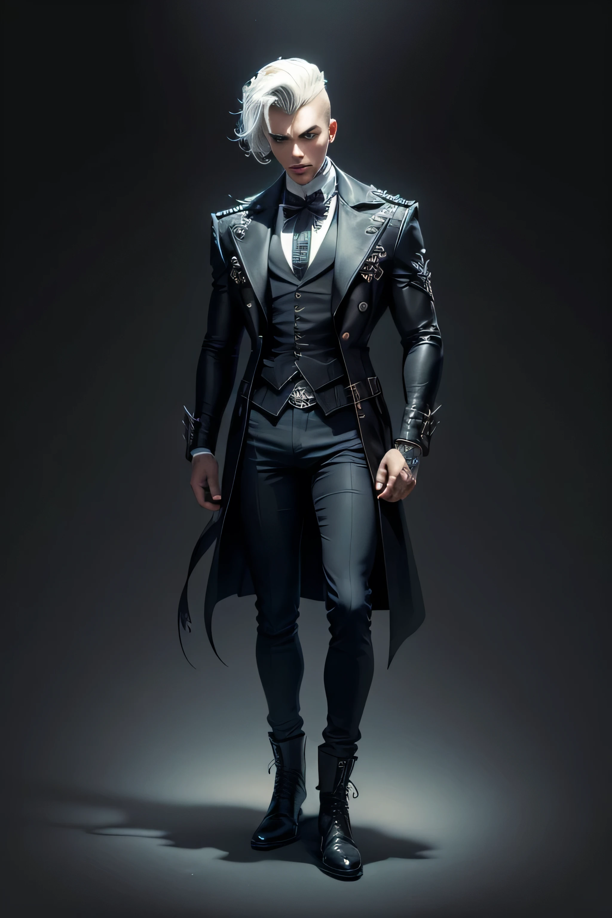 Create an extravagant full-body portrayal of a guy in Gothic style, emphasizing the "guy" theme. The design should feature Gothic elements such as lace, ribbons, and Victorian details, showcasing an elegant and intricate style. Utilize a color palette of black, white, and pastel tones to capture the unique Gothic aesthetic. The design must be eye-catching, with the guy centered in the image against a white background. She should fit well within the space, ensuring she does not touch the edges of the canvas. No text should be included in the image.