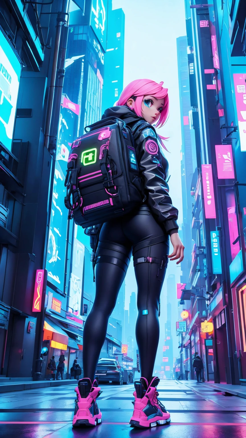 A girl tights backpack sneakers cyberpunk futuristic city street, Neon, Skyscraper animation style character design concept 3d