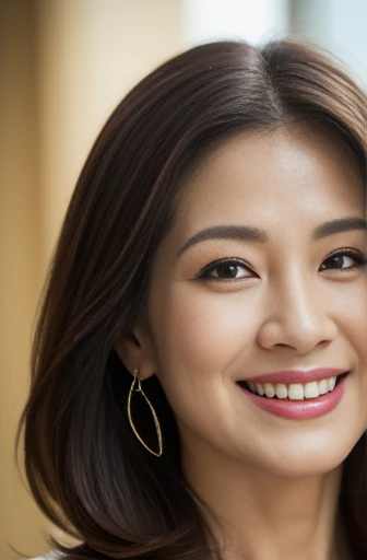Masseter Film, highest quality, masterpiece, High resolution, realism, Original photo, 8k wallpaper, perfection, Professional Lighting, Very detailed, Written boundary depth, ((Beautiful woman)), ((Sexy 43 year old woman)),, ((smile)), Detailed face, Beautiful Eyes, voluminous hair, (Thick lips), A photo of your face