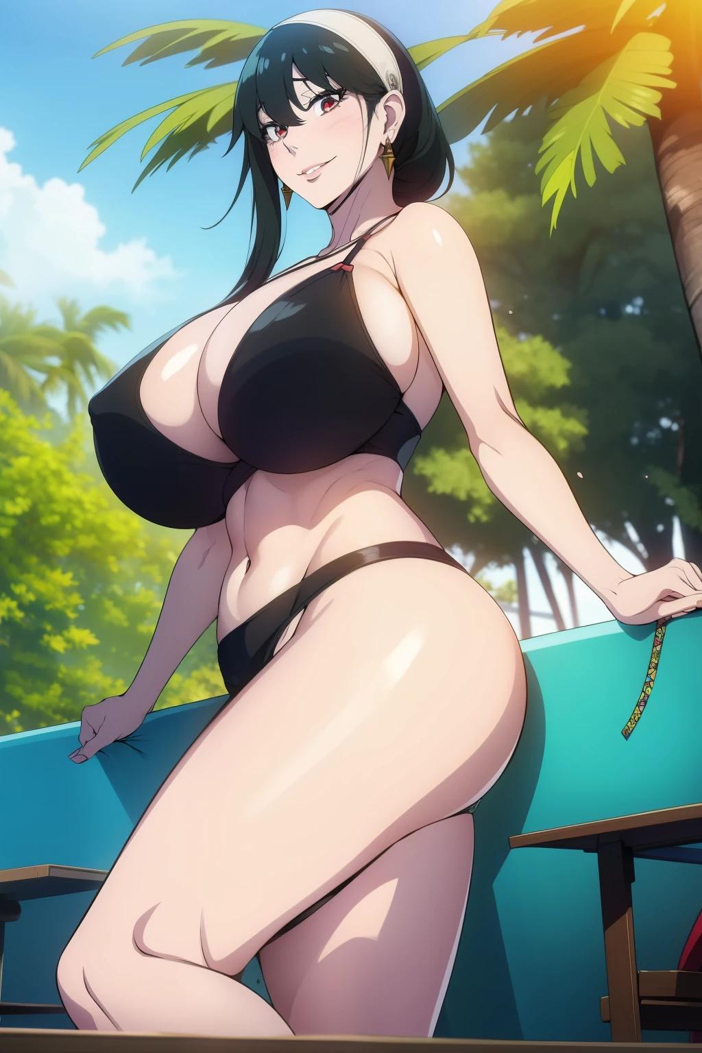 An anime-style artwork depicting yor from the anime spy x family

Tags: Yor Forger, holding, black hair, (micro bikini:1.1), hairband,  sidelocks,  looking at viewer,  bare shoulders, standing,  earrings,  short hair with long locks, jewelry, closed mouth, bangs, anime, detailed eyes, detailed lips, ass, 1girl, red eyes, (black hair:1.1), solo, huge breasts, smiling expression, intense gaze, dynamic pose, outdoor, pool, (lying on sun lounger), vibrant colors, digital art, high-resolution, professional quality, gigantic breasts, cleavage), curvy, cowboy shot, (gigantic breasts: 1.4),