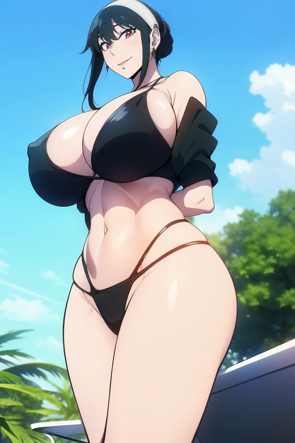 An anime-style artwork depicting yor from the anime spy x family
Tags: Yor Forger, holding, black hair, (micro bikini:1.1), hairband, sidelocks, looking at viewer, bare shoulders, standing, earrings, short hair with long locks, jewelry, closed mouth, bangs, anime, detailed eyes, detailed lips, ass, 1girl, red eyes, (black hair:1.1), solo, huge breasts, smiling expression, intense gaze, dynamic pose, outdoor, pool, (lying on sun lounger), vibrant colors, digital art, high-resolution, professional quality, gigantic breasts, cleavage), curvy, cowboy shot, (gigantic breasts: 1.4),