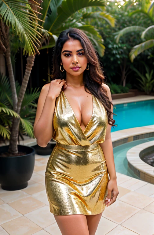 RAW photo, (full portrait:1.1), standing busty indian  woman, posing in gold minidress, gold RealFlipFlops, outdoor private pool garden, tiles floor, (high detailed skin:1.2), (8k uhd:1.2), dslr, soft lighting, high quality, film grain, Fujifilm XT3