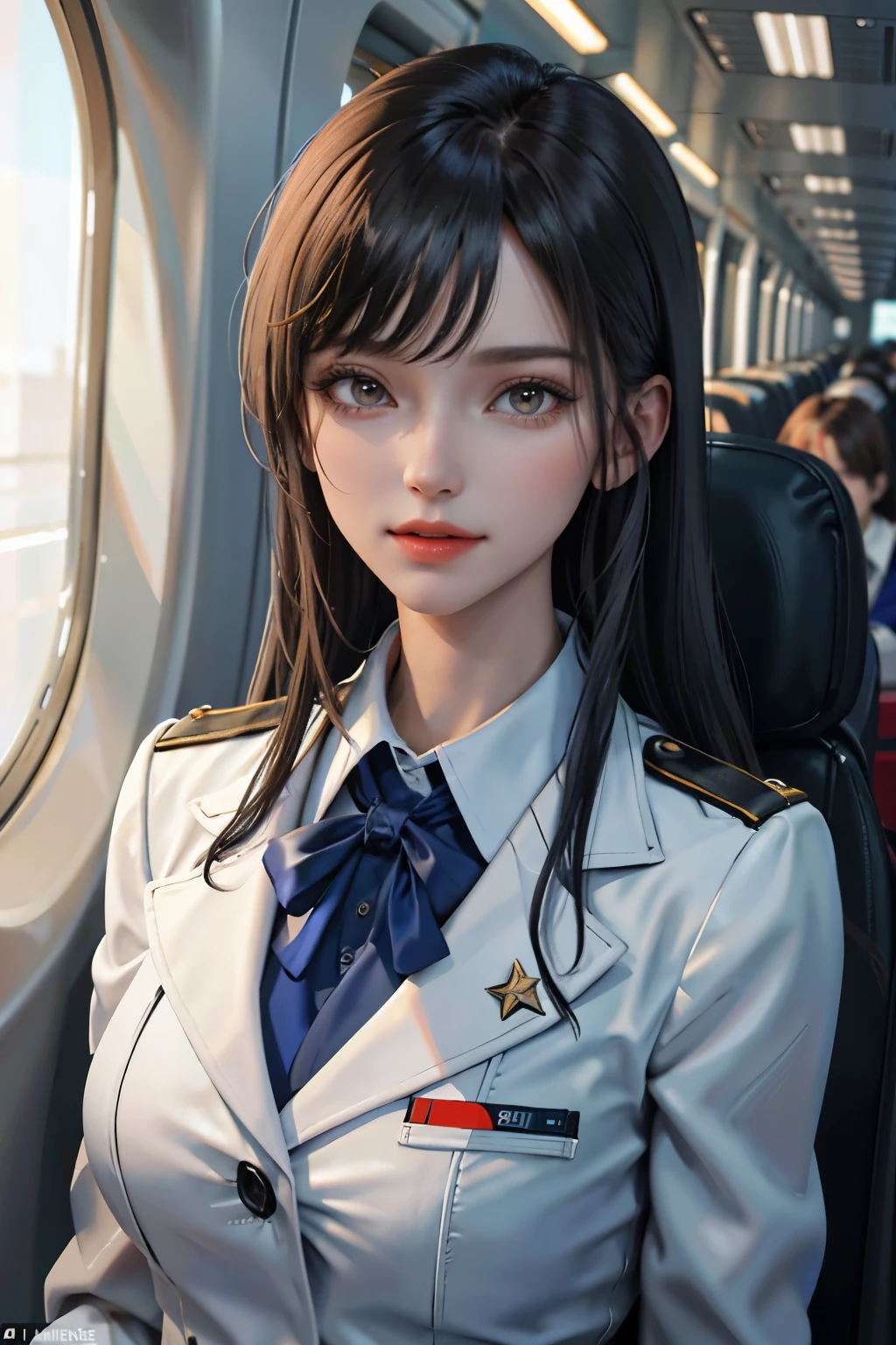 (masterpiece:1.2, highest quality), 1 female, alone, flight attendant, uniform, plane, Passenger Services, Providing safety instructions, Responding to emergencies, bangs, (Shiny skin:1.15),