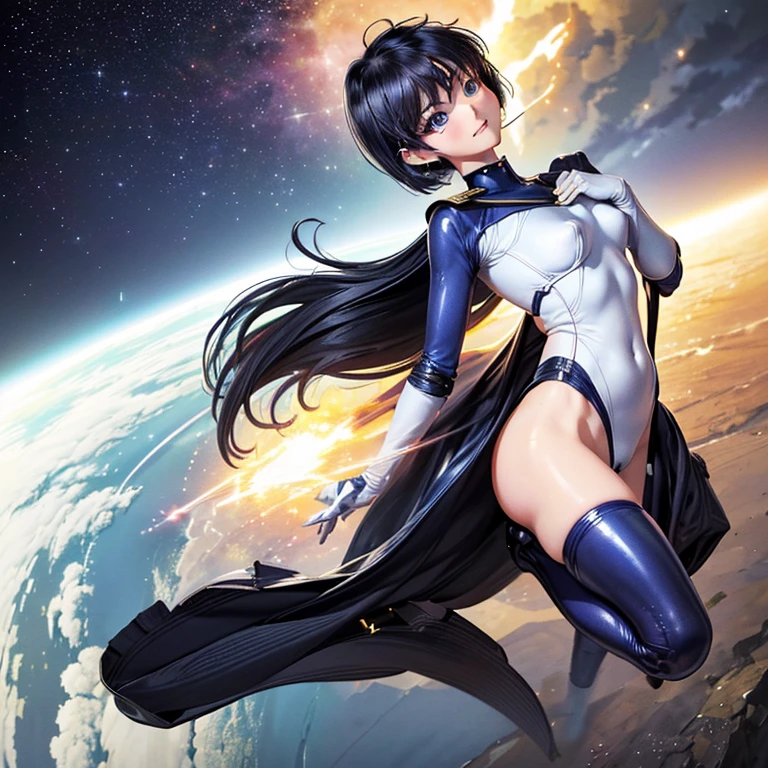 (masterpiece、highest quality、Highest Resolution、clear_image、Detailed explanation、Angle from above): (whole body、One 20 year old girl、The Face of Japan、Small face、thin、navy blue super short bob cut hair、(Hidden Small:1.3)、Sparkling blue eyes、Shiny black and white pilot suit、Chest protection armor、Tight fitting clothes、whole bodyを覆う衣服、Glamorous clothes、Tight Fit Pants、Hide your skin、Very delicate and beautiful、Detailed skin、hide thighs、Hide your ass、cute、A kind smile、Soft look、heroine、headset、Knee-high boots、Elbow-length gloves、Eye-level shot、face directly、Woman on a spaceship)