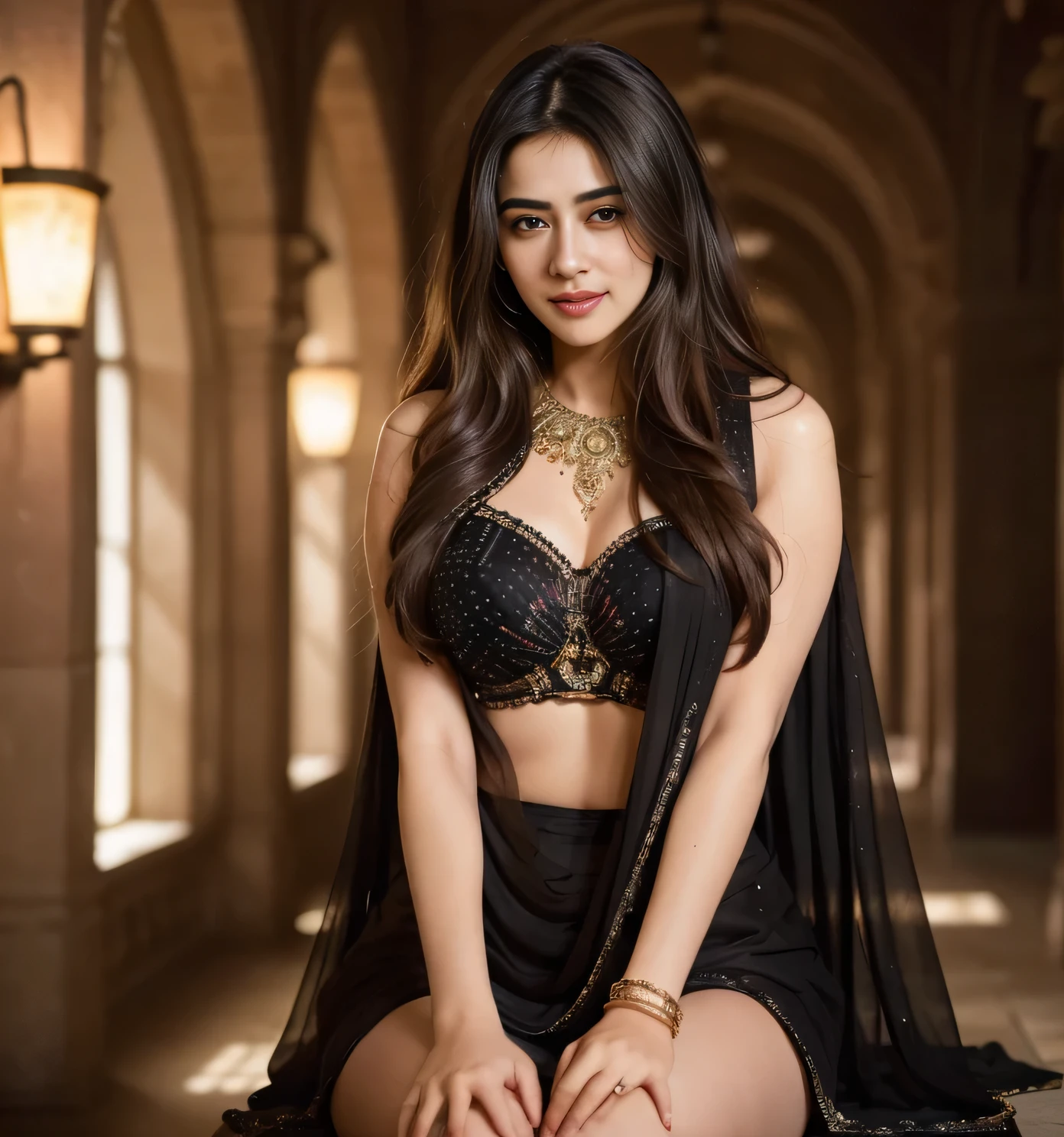 Hiba Nawab in 20 year old, perfect age, ultra realistic face, indian woman, full body , seductive, erotic smile, black hair, thin eyebrows, fair skin, blushing cheeks,chubby,perfect body,small breasts, cleavage, castle hallway, eye contact, seductive smile, realistic style, 8k,exposure blend, medium shot, bokeh, (hdr:1.4), (cinematic), ( dark tones:1.3), (hyperdetailed:1.2),Realism,1 girl, no cloths, (wearing glitter graphics jewelry),, Sexy small Breast, nipple, bright light, long_hair, Bokeh ,indian ,visible body parts, bindi, smile,covering her breasts with hands,no cloths, visible legs