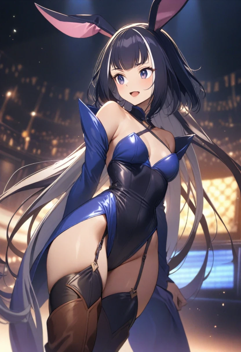 (shylily/(Twich/):1.5),(masterpiece:1.2),(best quality:1.2),, (1girl:1.3),woman,20-year-old,, venue,night,(((Bunny girl))),open mouth smile,((leather thigh high boots)),(garter belt),surprised face,
