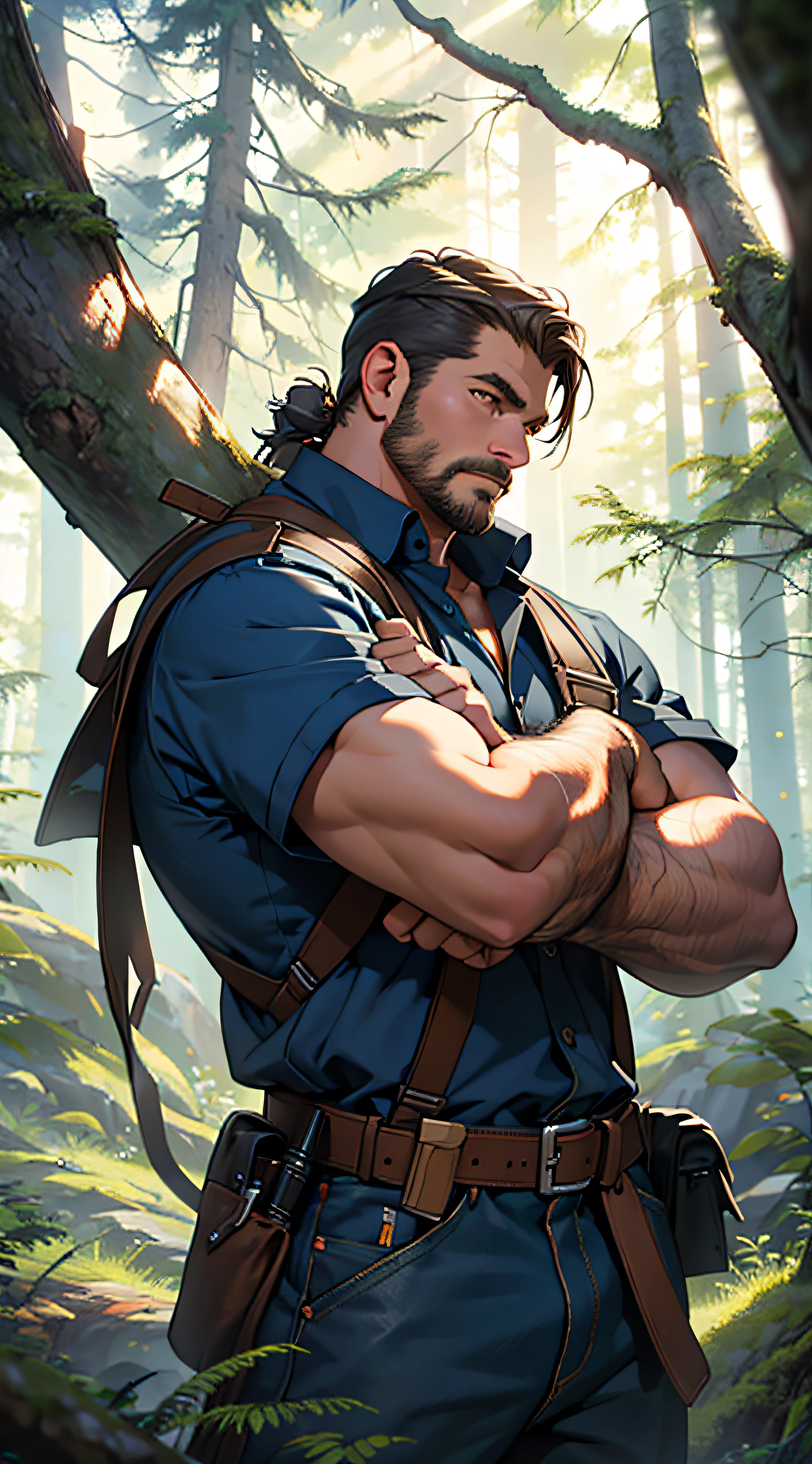 lenhador, ultra detalhado, with a tree in the background, detailed scenery, imagem realista