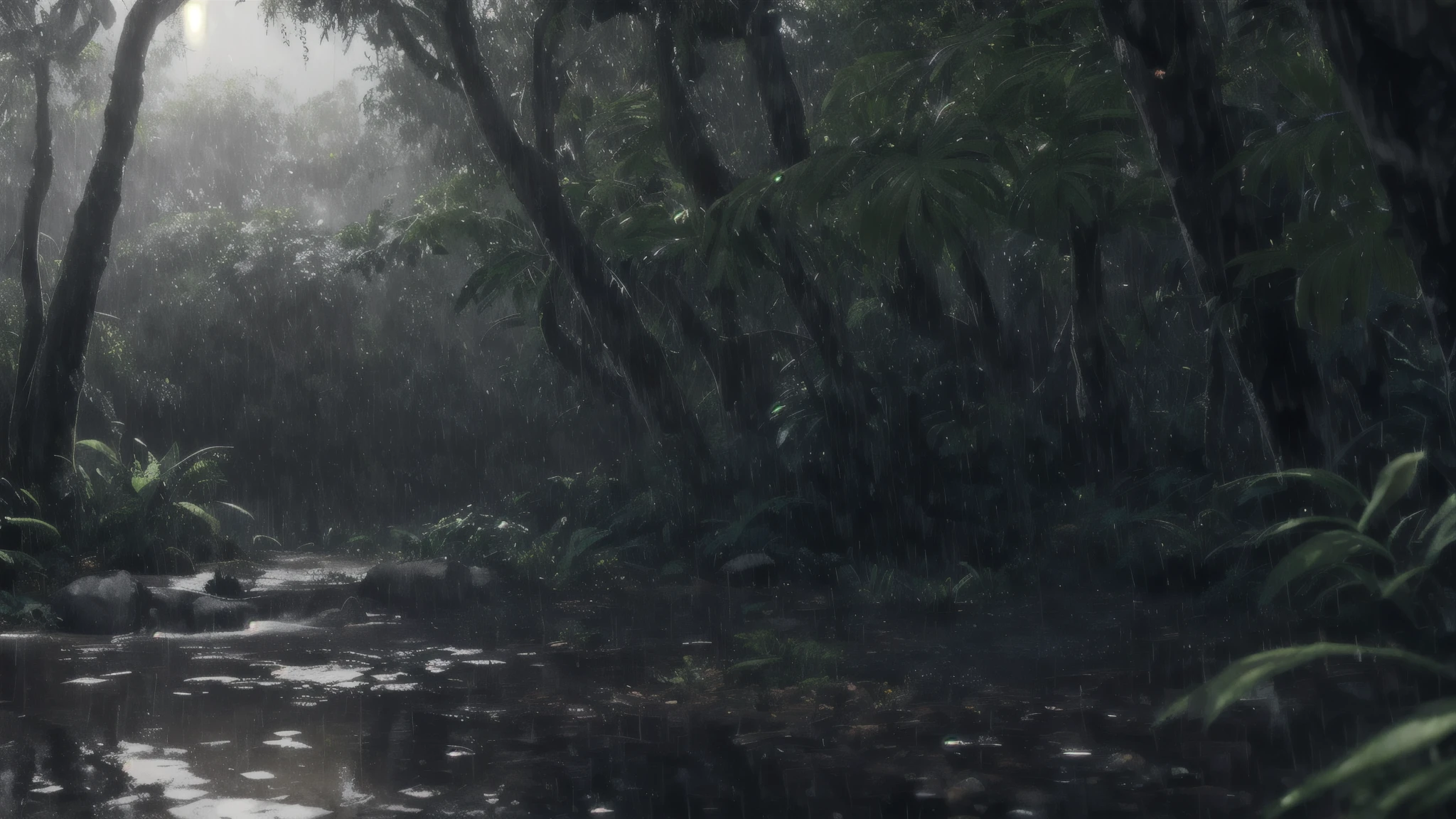 A jungle, with intense rainfall, monochromatic, vines all around, giant and wet trees, masterpiece, best quality, high quality, extremely detailed CG unity 8k wallpaper, oil paiting, award winning photography, Bokeh, Depth of Field, HDR, bloom, Chromatic Aberration ,Photorealistic,extremely detailed, trending on artstation, trending on CGsociety, Intricate, High Detail, dramatic, art by midjourney, volumetric lighting