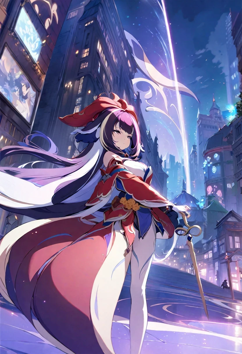 (shylily/(Twich/):1.5),(masterpiece:1.2),(best quality:1.2),, (1girl:1.3),A woman with a sword and wings stands in front of the city,Detailed key animation art, Red Armor, Popular on artstation pixiv, Anime epic artwork, Cool Anime 8K,