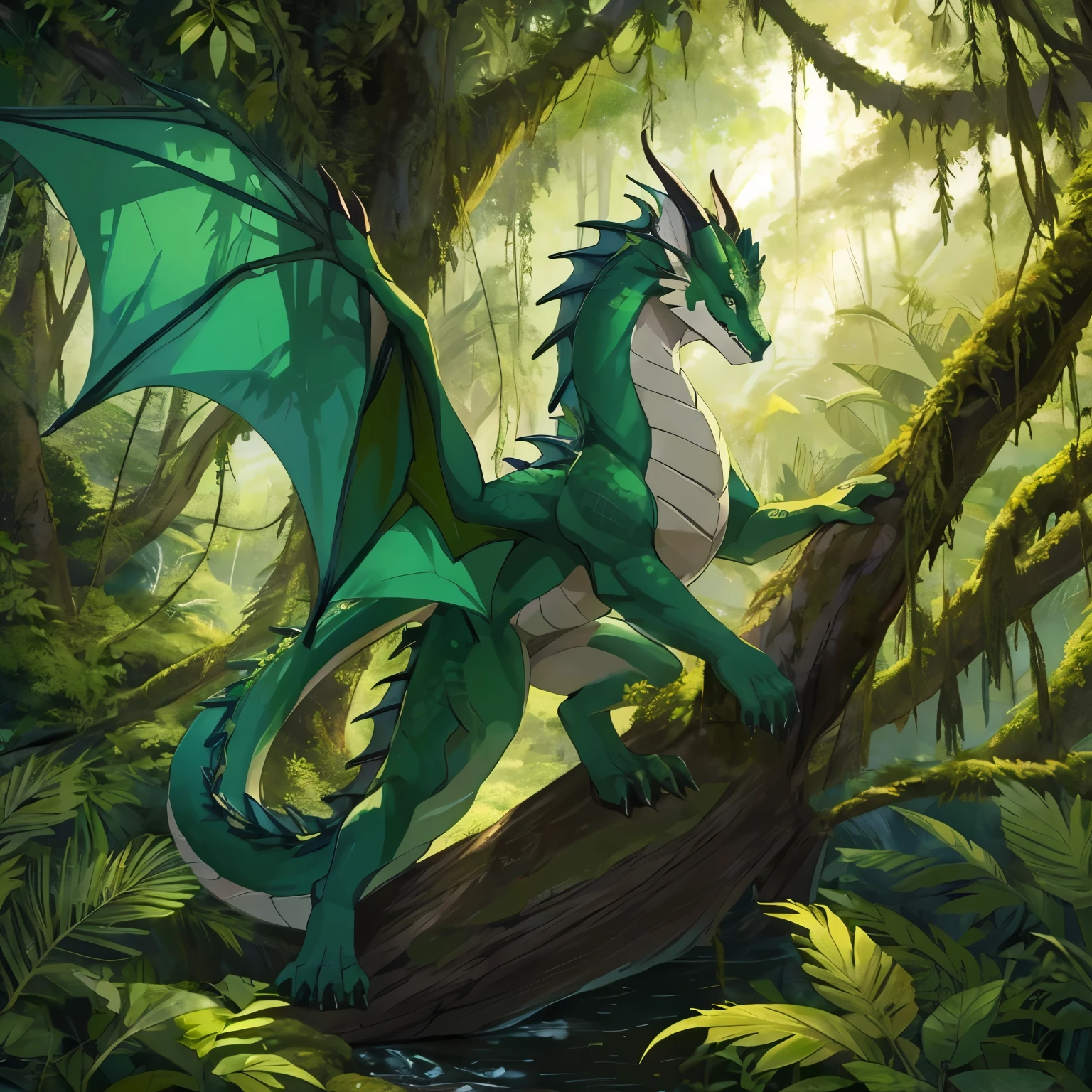 two legs on log, forest dragon, leafy wings, green eyes, pretty woodland scales, woodlands, amazon rainforest, long wavy tail, vines, dense trees, weaving between trees