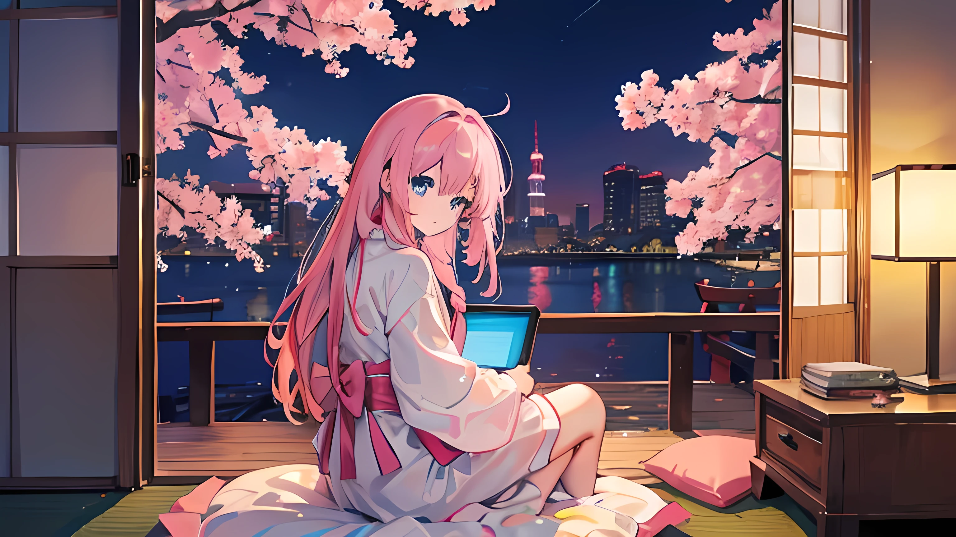 Anime images of Japan1People Girl、 blue eyes、 Pink long hair、 looking at laptop in room、 meditation、 Out of the window、 Tokyo cityscape、 night view、 cherry blossoms、 Size is 16:9 please