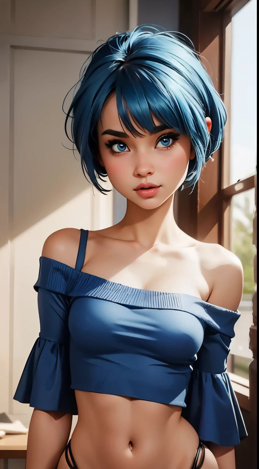 Close-up focus on 1 skinny model, wearing a blue off-the-shoulder crop top that covers her small breasts, pixie cut blue hair, blue eyes, 8K, High quality, Masterpiece, Best quality,G-cup, HD, Extremely detailed, voluminetric lighting, Photorealistic