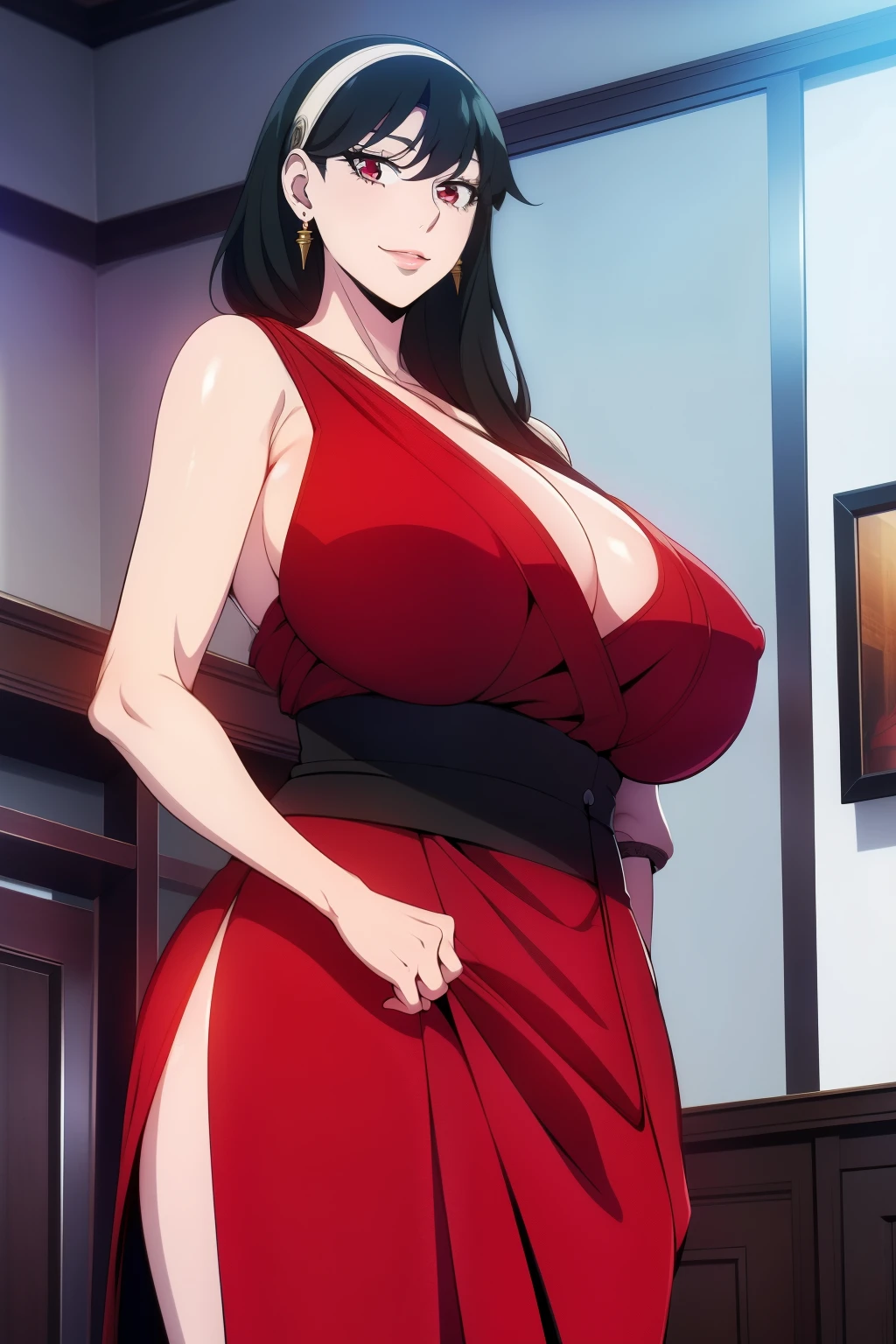 An anime-style artwork depicting yor from the anime spy x family
Tags: Yor Forger, holding, black hair, (shot kimono:1.1), hairband, sidelocks, looking at viewer, bare shoulders, standing, earrings, short hair with long locks, jewelry, closed mouth, bangs, anime, detailed eyes, detailed lips, ass, 1girl, red eyes, (black hair:1.1), solo, huge breasts, smiling expression, intense gaze, dynamic pose, indoor, palace, vibrant colors, digital art, high-resolution, professional quality, gigantic breasts, cleavage), curvy, cowboy shot, (gigantic breasts: 1.4),