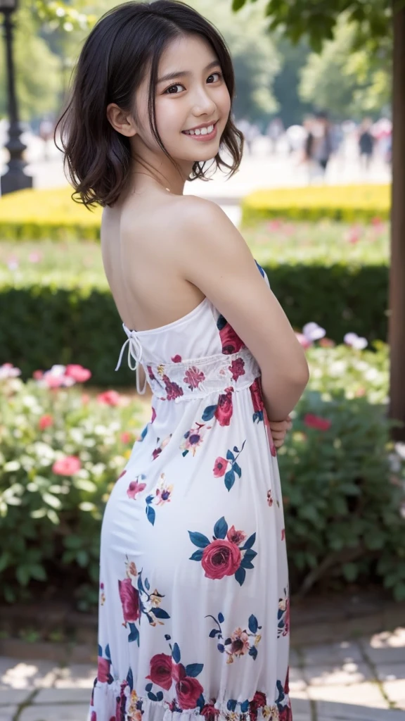 masterpiece, highest quality, disorganized, perfect anatomy, 1 girl, alone, pascal tales, short hair, beautiful, Hilarious, sunny day, botanical garden, Summer winds, sundress, Floral, wavy hair, smile