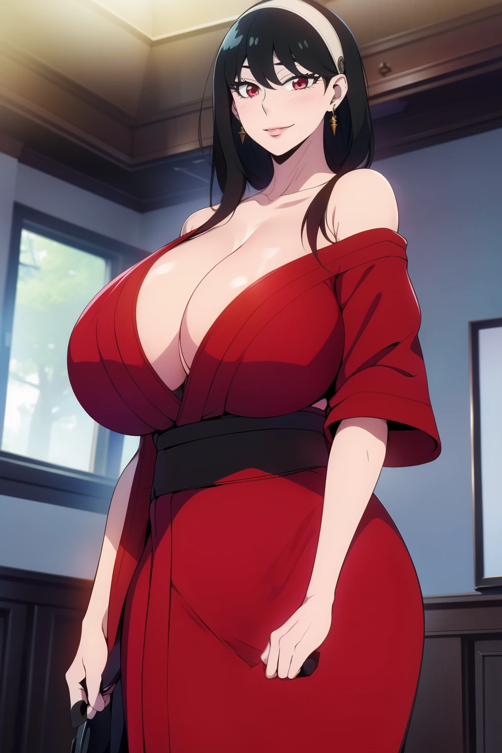 An anime-style artwork depicting yor from the anime spy x family

Tags: Yor Forger, holding, black hair, (shot kimono:1.1), hairband,  sidelocks,  looking at viewer,  bare shoulders, standing,  earrings,  short hair with long locks, jewelry, closed mouth, bangs, anime, detailed eyes, detailed lips, ass, 1girl, red eyes, (black hair:1.1), solo, huge breasts, smiling expression, intense gaze, dynamic pose, indoor, palace, vibrant colors, digital art, high-resolution, professional quality, gigantic breasts, cleavage), curvy, cowboy shot, (gigantic breasts: 1.4),